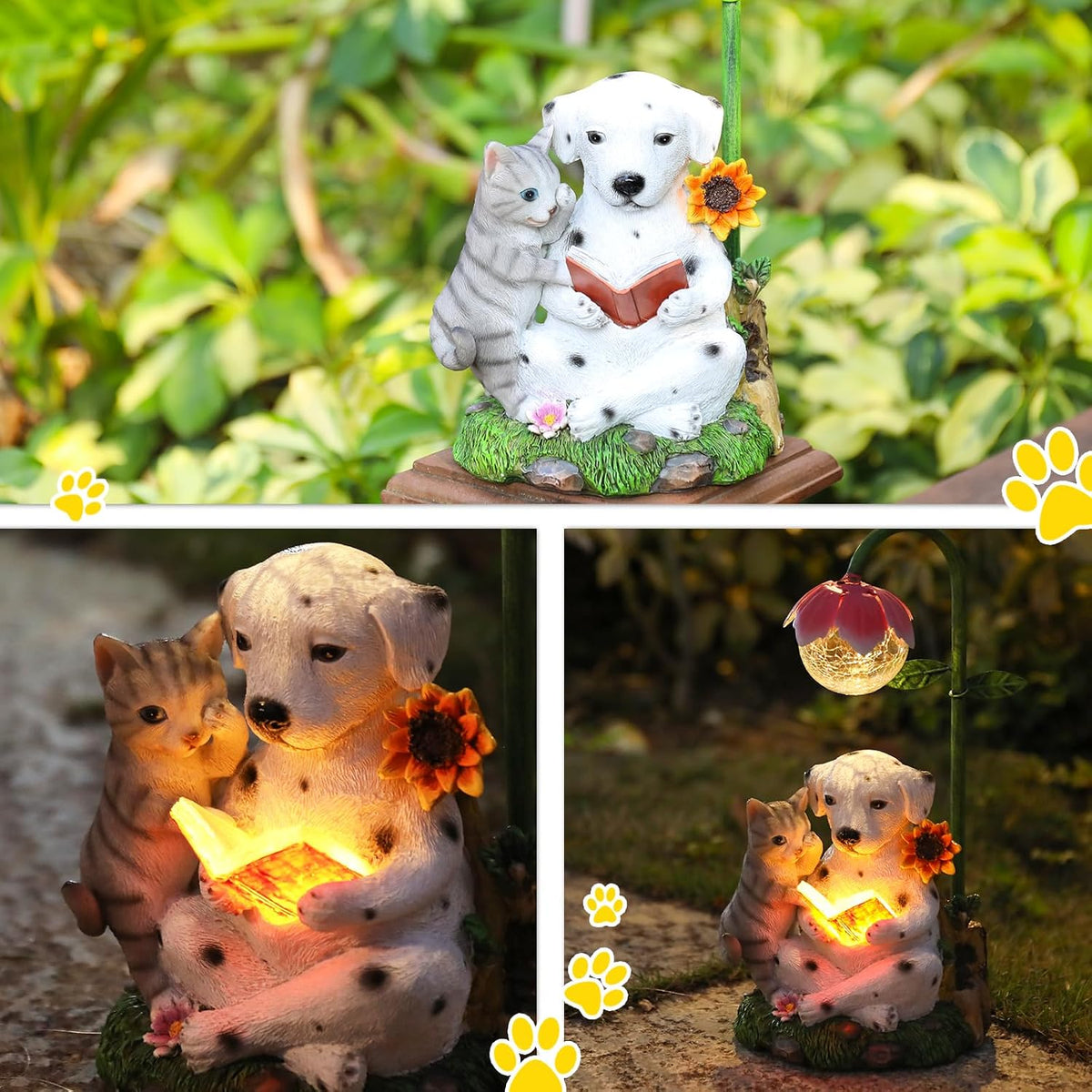 Dog And Cat Solar Garden Light, Cute Resin Figurine with Reading Scene