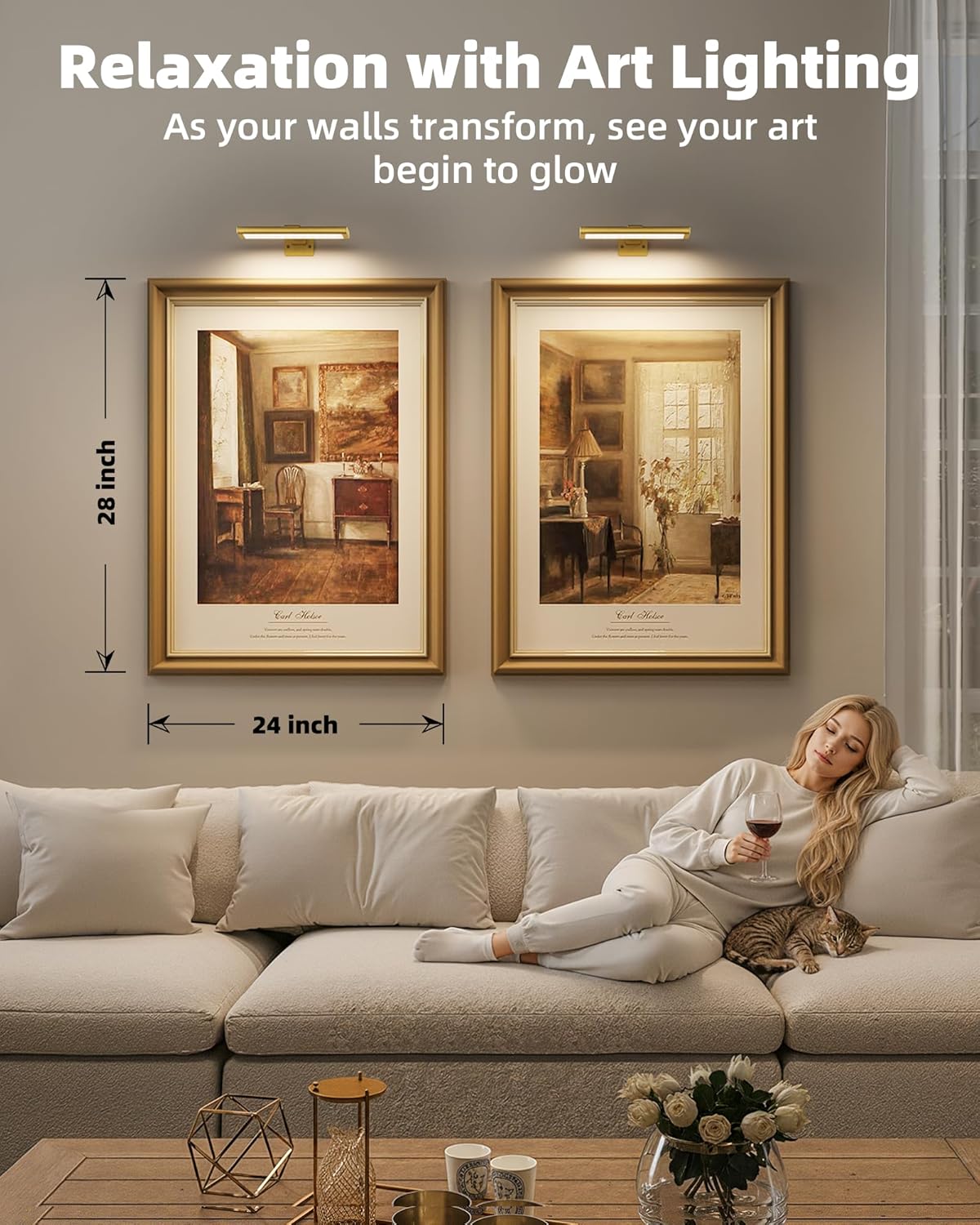 EZVALO Picture Light for Wall, Rechargeable 2400mAh Battery Lights Wireless with IR Remote, 3 Color & Dimmable Magnetic 7.87'' LED Lights Display for Painting, Living Room, Gallery, Bedroom(Gold-3P)
