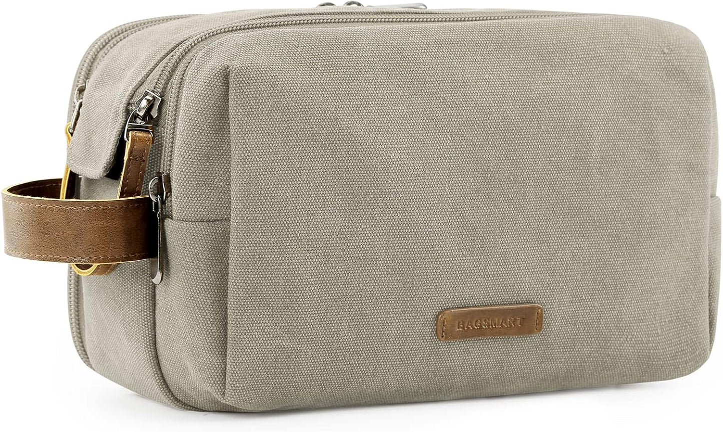 BAGSMART Toiletry Bag for Men, Canvas Travel Toiletry Organizer Dopp Kit Water-resistant Shaving Bag for Toiletries Accessories,Khaki-Medium