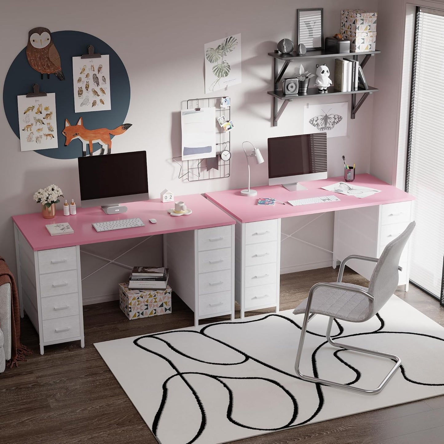 Pamray 47 Inch Computer Desk with 8 Fabric Drawers PC Gaming Desk Home Office Study Work Writing Table for Bedroom Pink