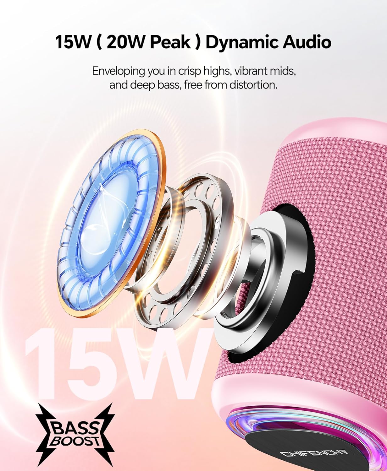 Portable Bluetooth Speaker Beach Essentials: Powerful Crystal Clear Sound/Dynamic Light/IPX5 Waterproof/All Day Playtime/Wireless BT 5.3/TWS Paring, Dad Gifts, Outdoor|Travel|Camping|Pool Accessories