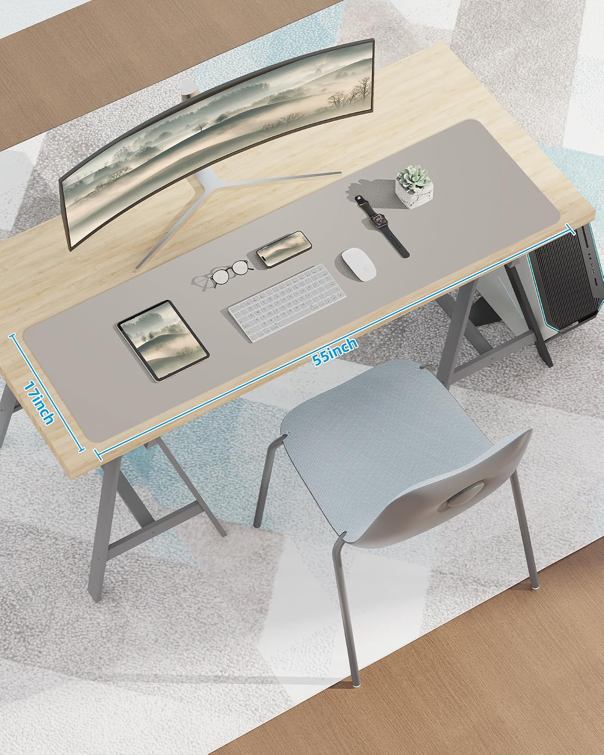 AFIING Leather Desk Pad Protector,55" x 17" Office Desk Mat, Large Mouse Pad, Non-Slip PU Leather Desk Blotter, Laptop Desk Pad, Waterproof Desk Writing Pad for Office and Home (Light Grey)