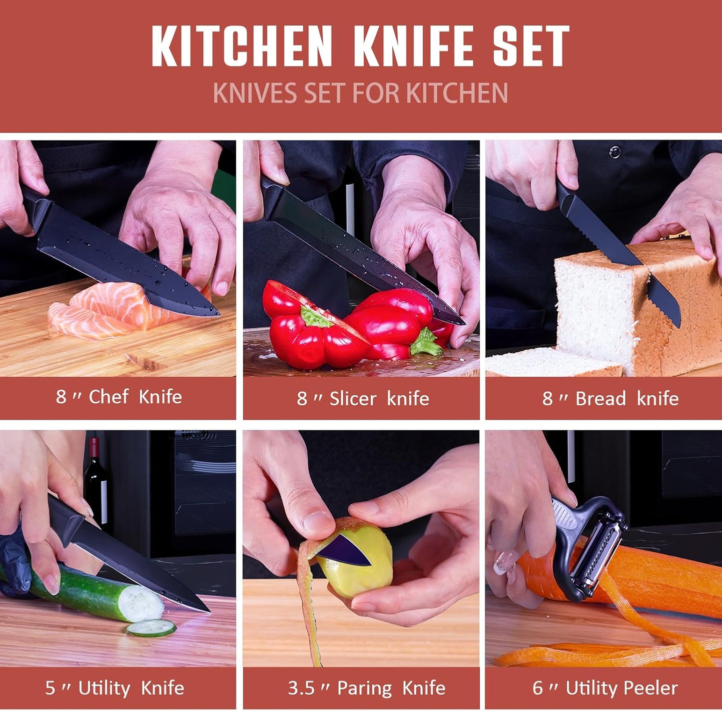 RAXCO Knife Set with Block,10-Piece Kitchen Knives Stainless Steel,Pro-sharpened for Cooking,Slicing,Mincing,Dicing,Black
