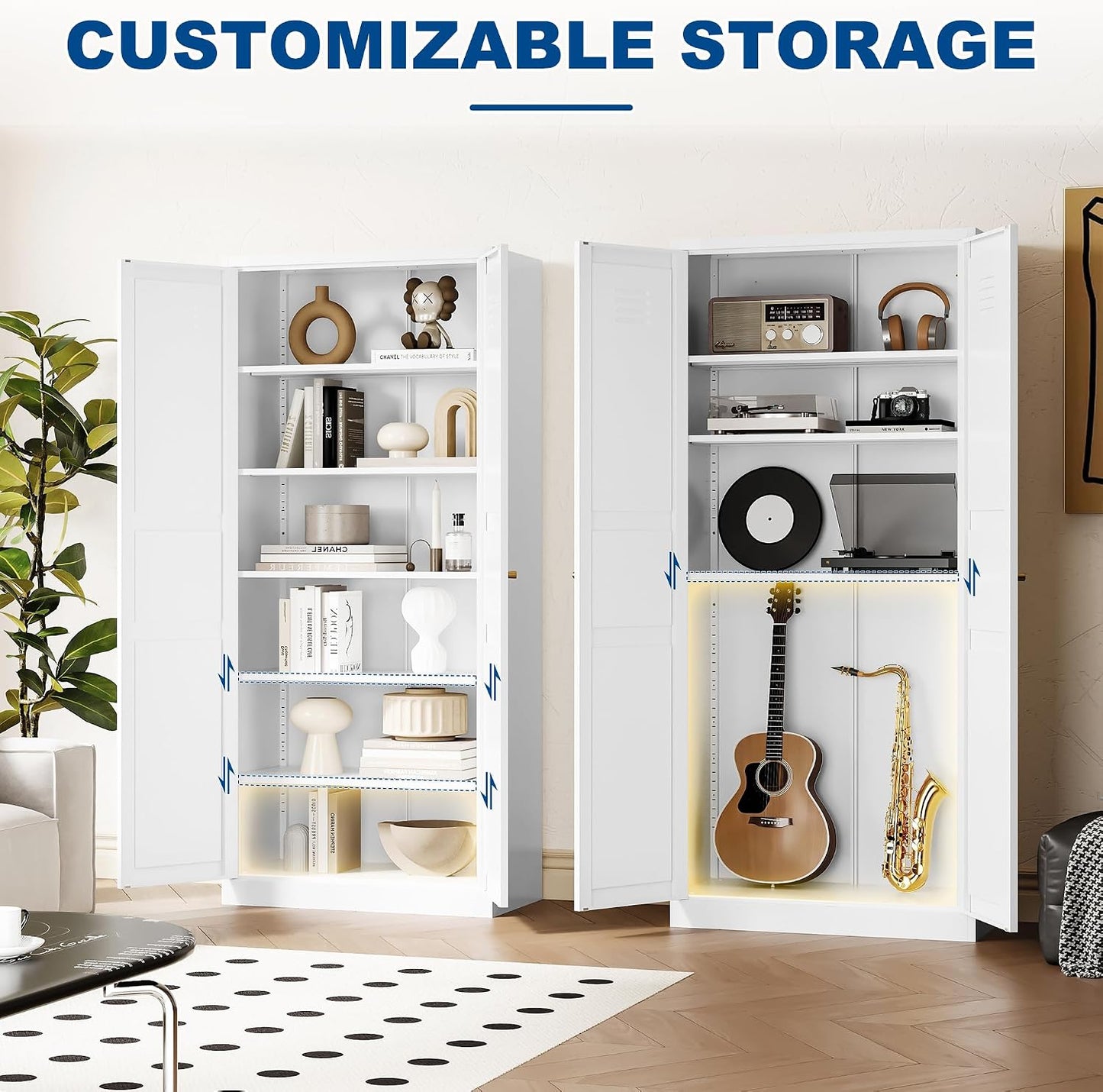 Fesbos Metal Storage Cabinet-71” Tall Steel File Cabinets with Doors and 5 Adjustable Shelves-White Steel Storage Cabinet for Home,Kitchen, School, Office, Garage