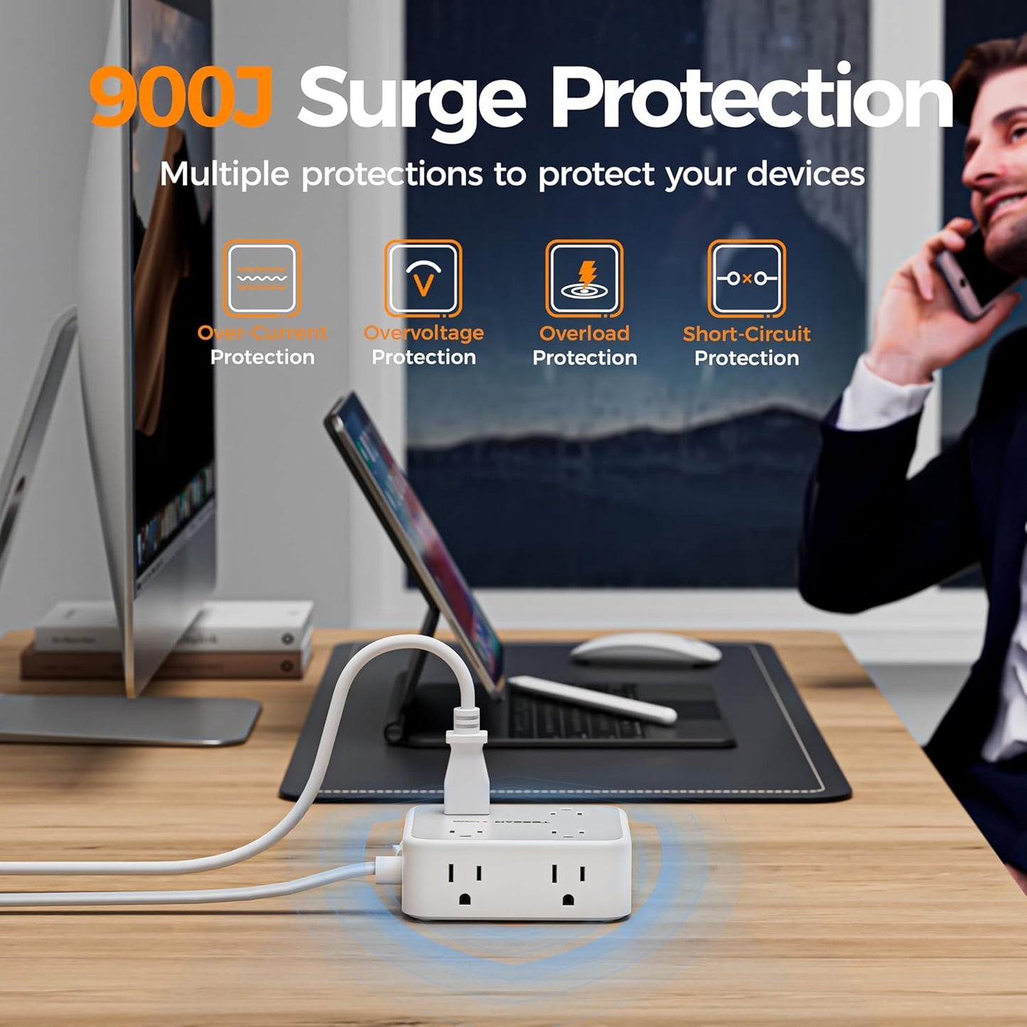TESSAN 10 Ft Surge Protector Power Strip, 3 USB(1 USB C) 8 Outlets, Flat Plug Extension Cord with Multiple Outlets, 900J Protection, Desk Charging Station for Home, Dorm Room Essentials, Grey