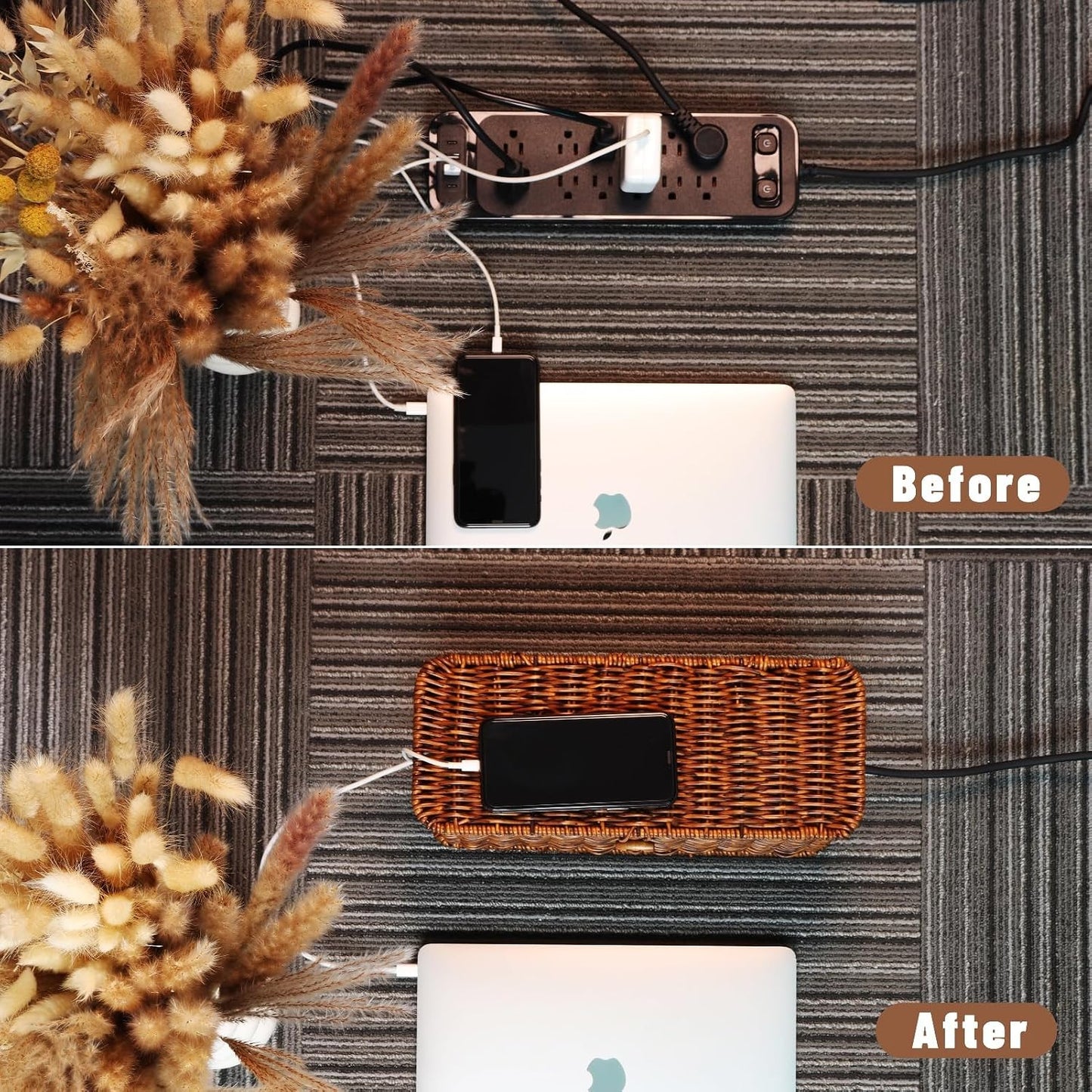 Cable Management Box, Cord Organizer with Lid & Cable Ties - Brown, M | Handmade Open Slots Cord Hider Outlet Covers for Power Strip TV PC Router Charger Under Desk Storage