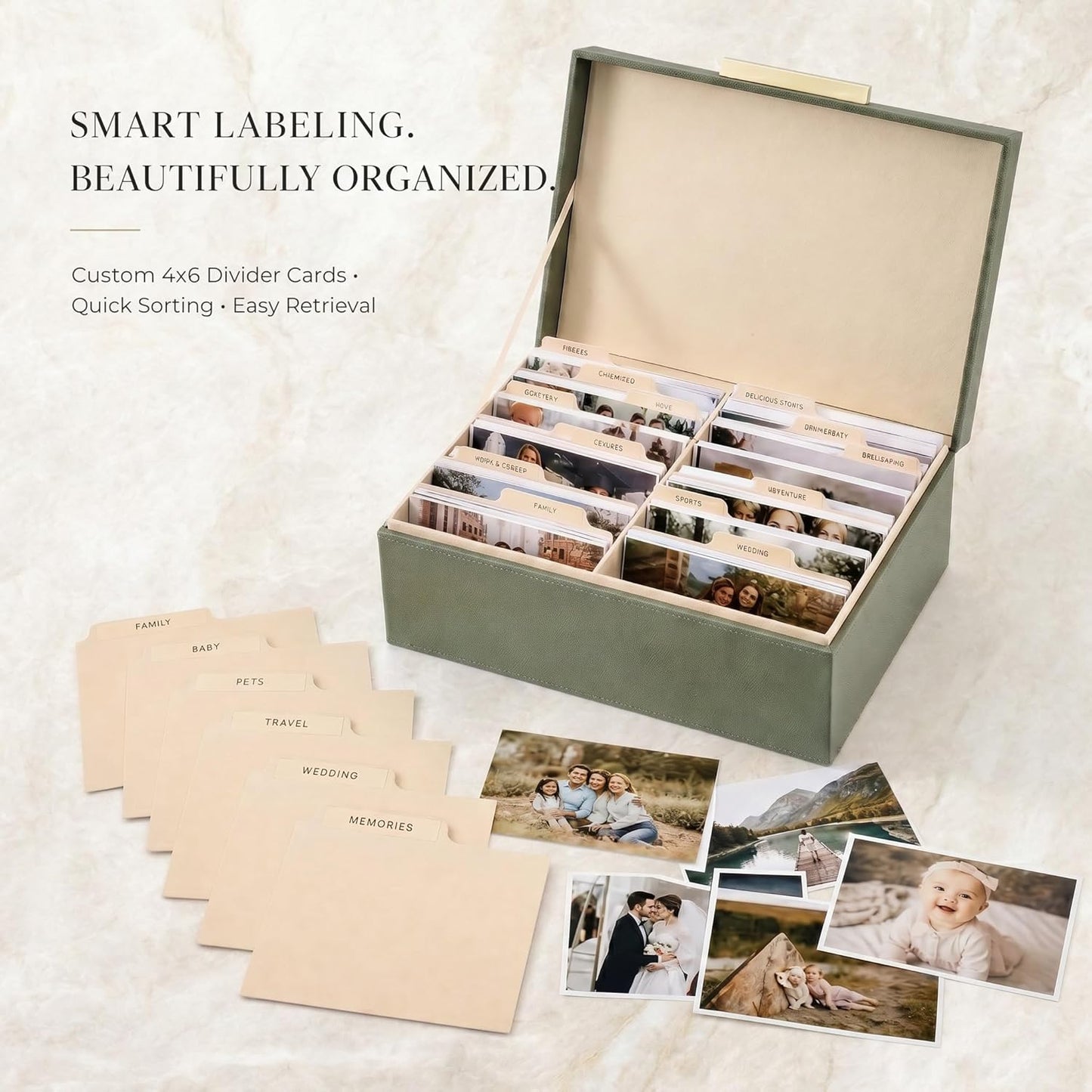 ZICOTO Decorative Photo Storage Box - Sturdy PU Leather Photo Organizer with Dividers is Perfect to Store Up to 1200 Pictures and 4x6 Photos - Portable Scrapbook Storage Containers with Lid