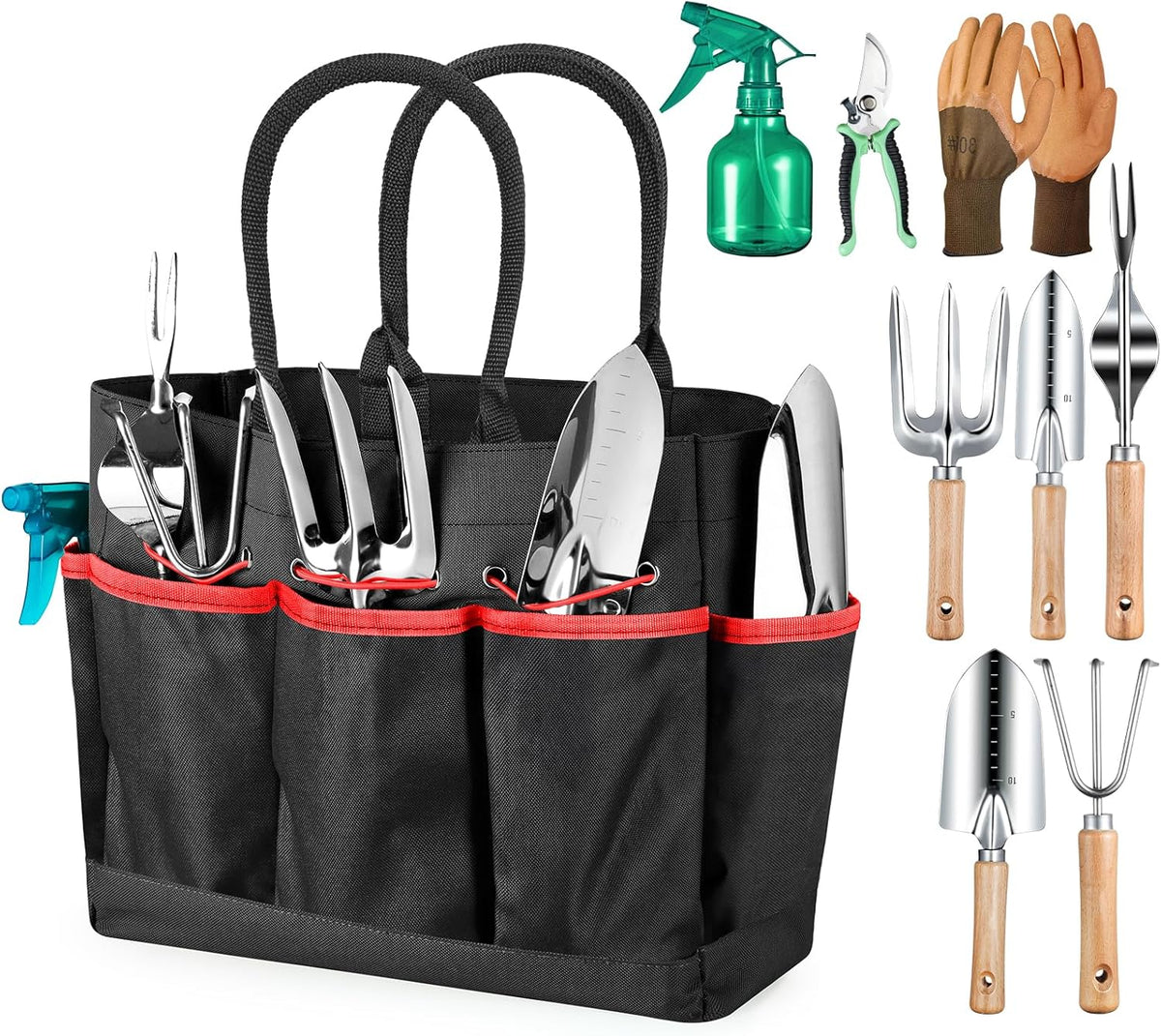 Grenebo 9-Piece Gardening Tools Set with Fashion Handbag, Black Orange