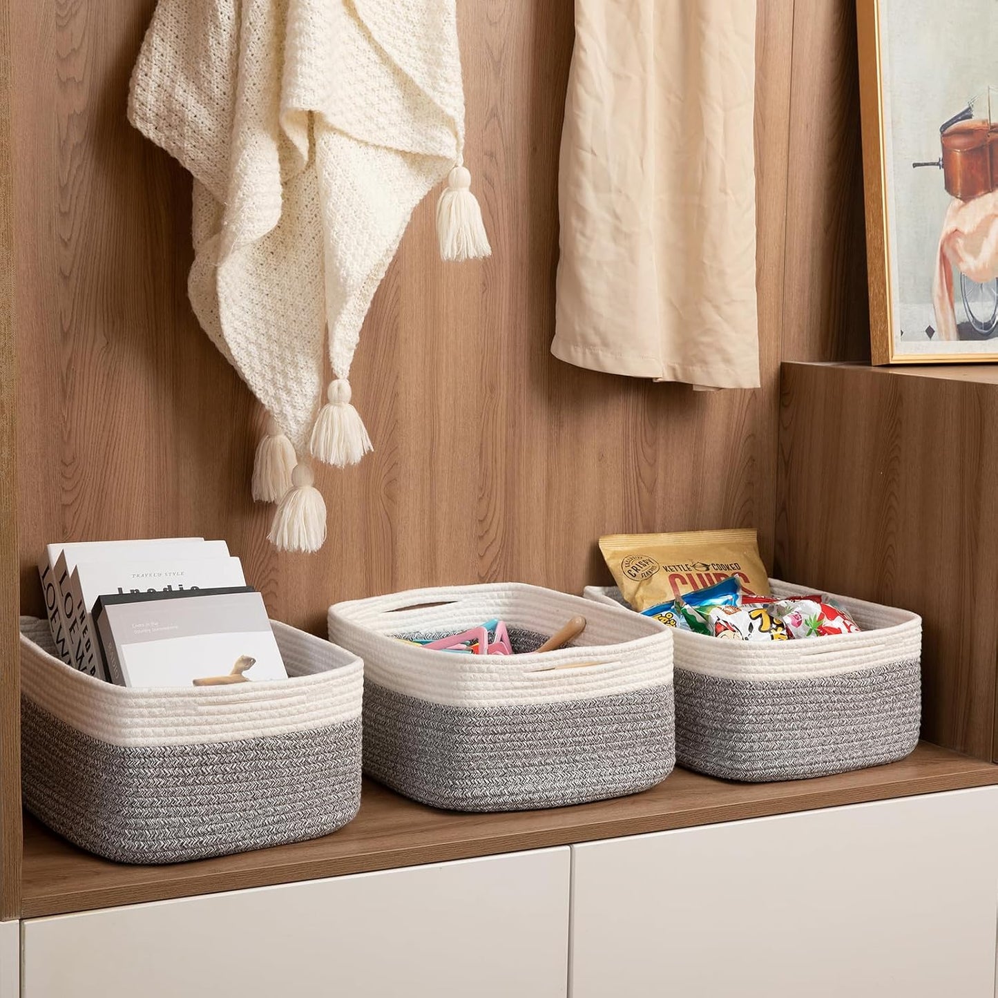 OIASKET Storage Baskets for Organizing 3 Pack, Woven Baskets for Shelves, | Closet Organizer Bins with Handle, Empty Gift Basket, Toy Storage for Toys, Blankets, Towels, Clothes, Books, 15"x11.42"x6.7"