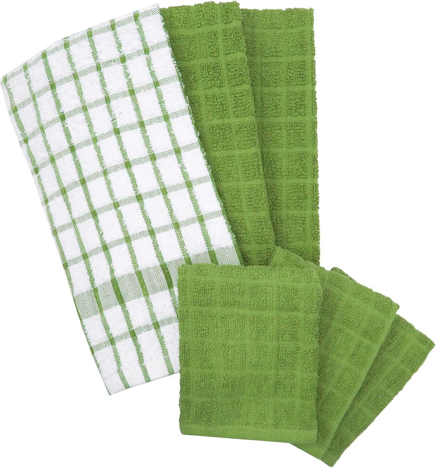 Ritz Premium Kitchen Towel and Dish Cloth Value Set: Highly Absorbent, Super Soft, Long-Lasting, 100% Cotton Checked and Solid Hand Towels, Tea Towels, Bar Towels - 6 Pack, Fluorite Green