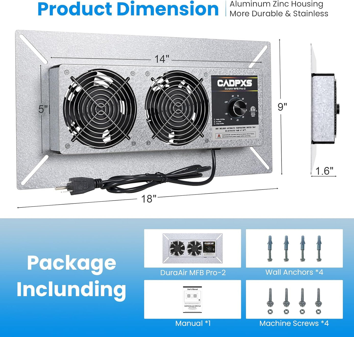 CADPXS Crawlspace Ventilation Fan, Crawlspace Fan Vent with Humidistat, Dehumidistat & Freeze Protection Thermostat, for Crawl Spaces/Basement/Garage/Attic/Hydroponics Grow Tents (220 CFM Air Out)