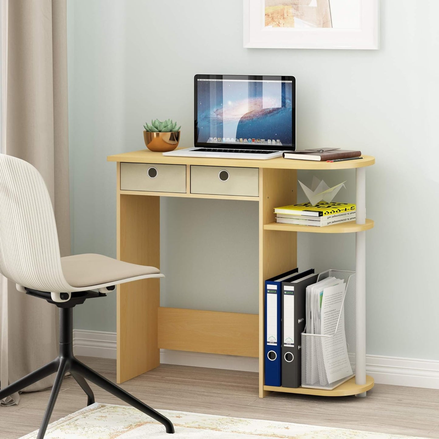 Furinno Go Green Desk, 31.5" Wide Gaming Desk with 2 Side Shelves and Storage Bins, Computer Desk, Office Desk for Home Office, Study Room, Dorm, Bedroom, Beech