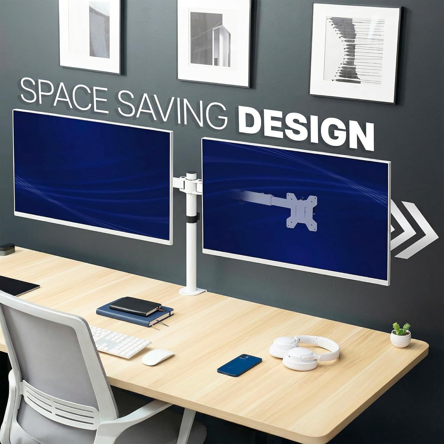 VIVO Dual LCD LED 21 to 32 inch Monitor Desk Mount, Heavy Duty, Adjustable Telescoping Arms, Flush Wall Setup, Fits 2 Screens, White, STAND-V002EW