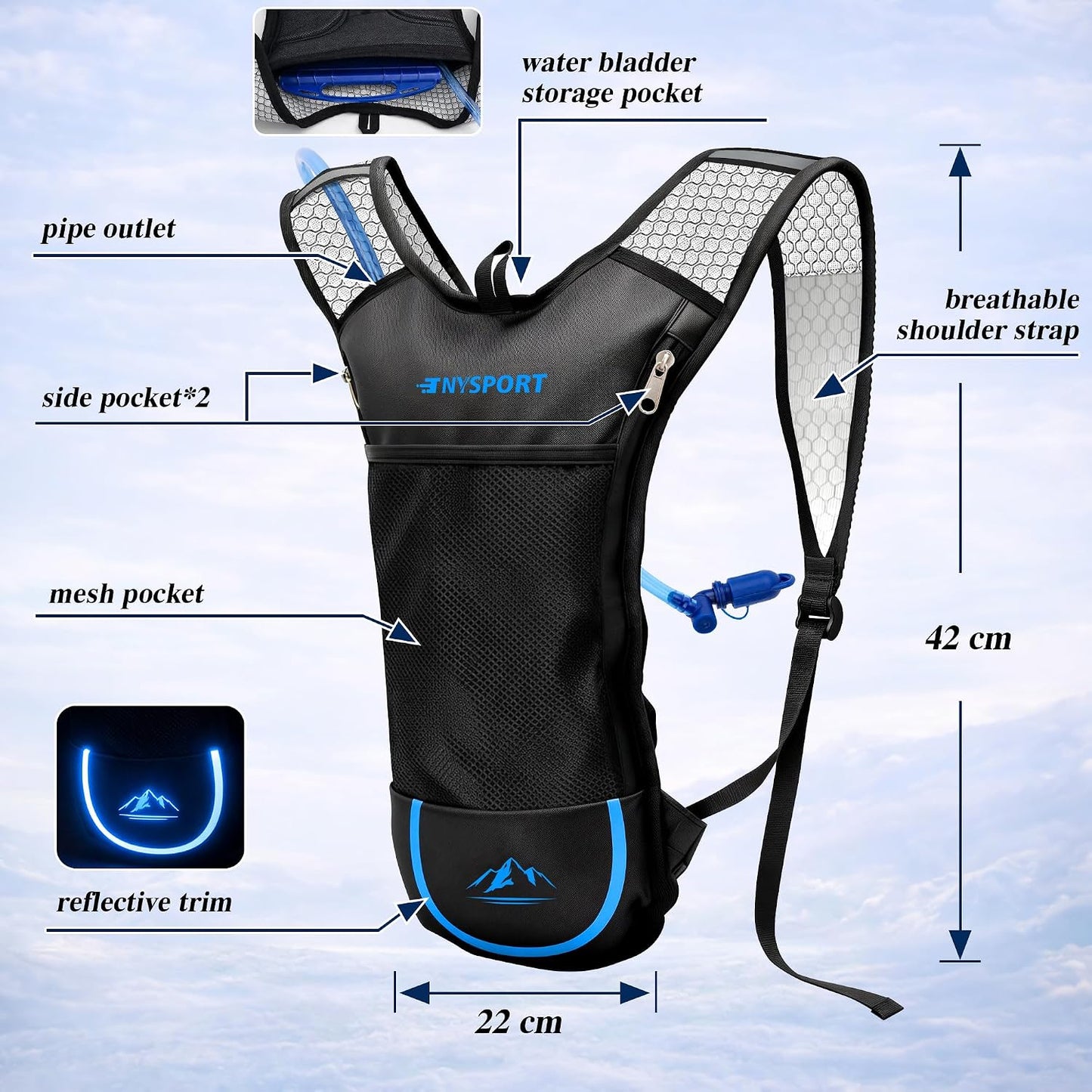2 Pack Hydration Backpack Pack with 2L Hydration Bladder, TNYSPORT Lightweight Breathable Water Backpack with 3 Layer Pockets, Reinforced Shoulder Straps for Hiking Running Cycling