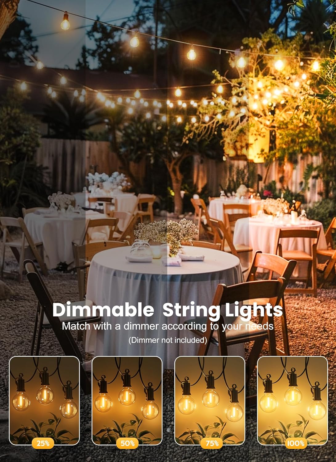 Brightown Outdoor String Lights, 50FT 25 G40 Bulbs Shatterproof Patio Lights, IP65 Waterproof Dimmable Hanging Connectable Globe LED Outdoor Lights for Christmas, Backyard, Bistro, Porch