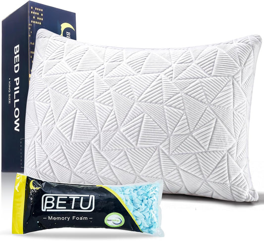 BETU Cooling Pillow Queen Size, Shredded Memory Foam Pillow for Hot Sleepers, Adjustable Firm Soft Support Pillows, Cool Bed Pillows for Side Back Stomach Sleeping Sleepers, gifts for boyfriend, White