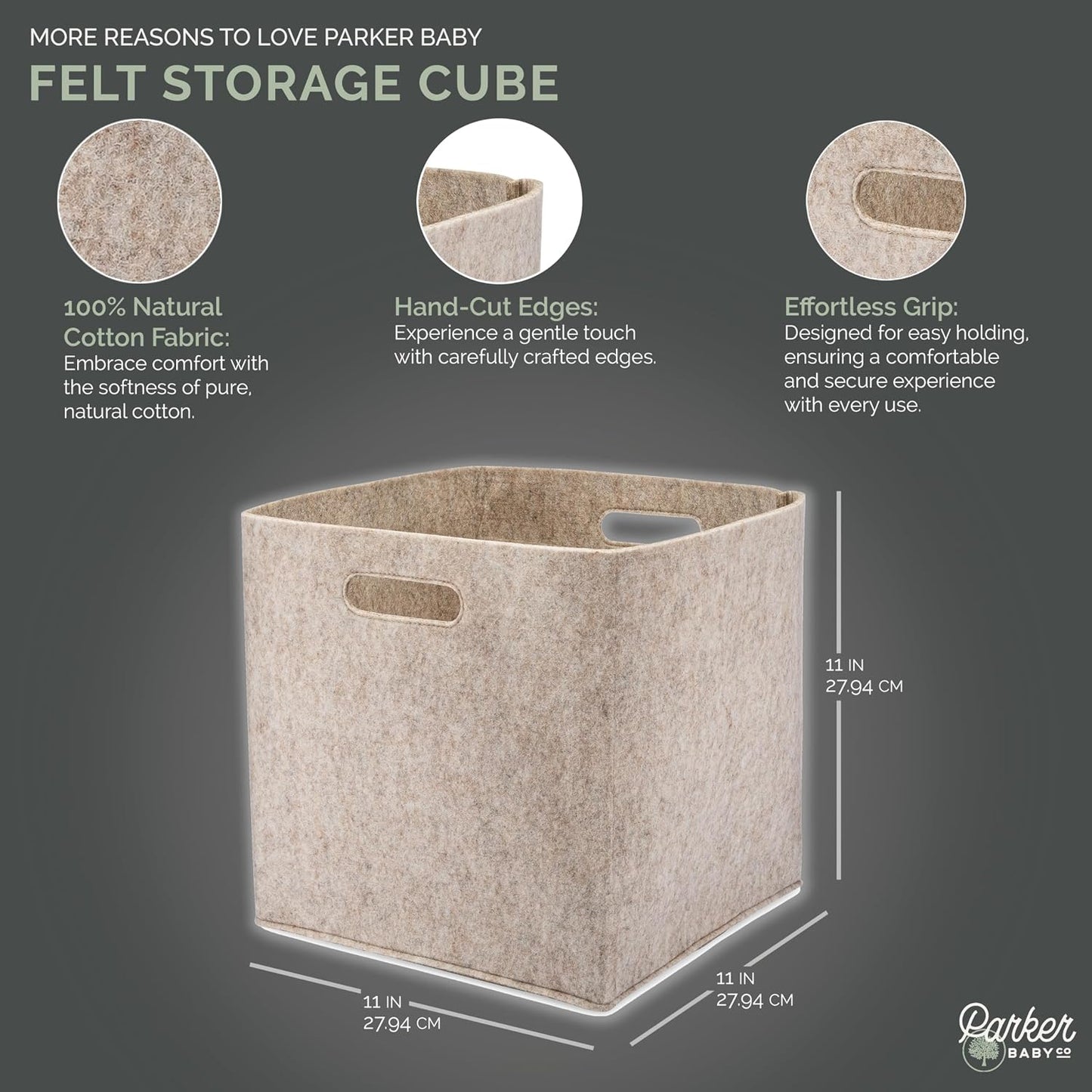 Parker Baby Co Foldable Felt Storage Cube Bin, 11 Inch Storage Bin: Oatmeal | Collapsible cubby basket stores diapers, toys, blankets & closet essentials. Soft felt fabric, flexible & foldable structure