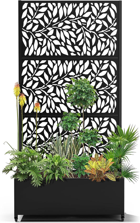 15.7"×70.9"×35.4" Metal Raised Garden Bed with Trellis and Wheels - Tall Trellis Planter Box for Climbing Plants, Vegetables & Vines - Outdoor Privacy Planters for Patio (Black)
