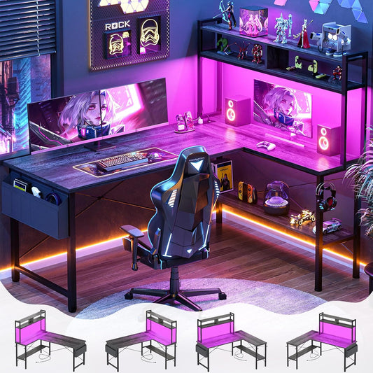 Aheaplus L Shaped Desk Gaming Desk, 59" L Shaped Computer Desk with LED Light & Power Outlet, Reversible Home Office Desk Gamer Desks with Shelves & Storage Bag & Hooks, Corner PC Desk, Black Oak