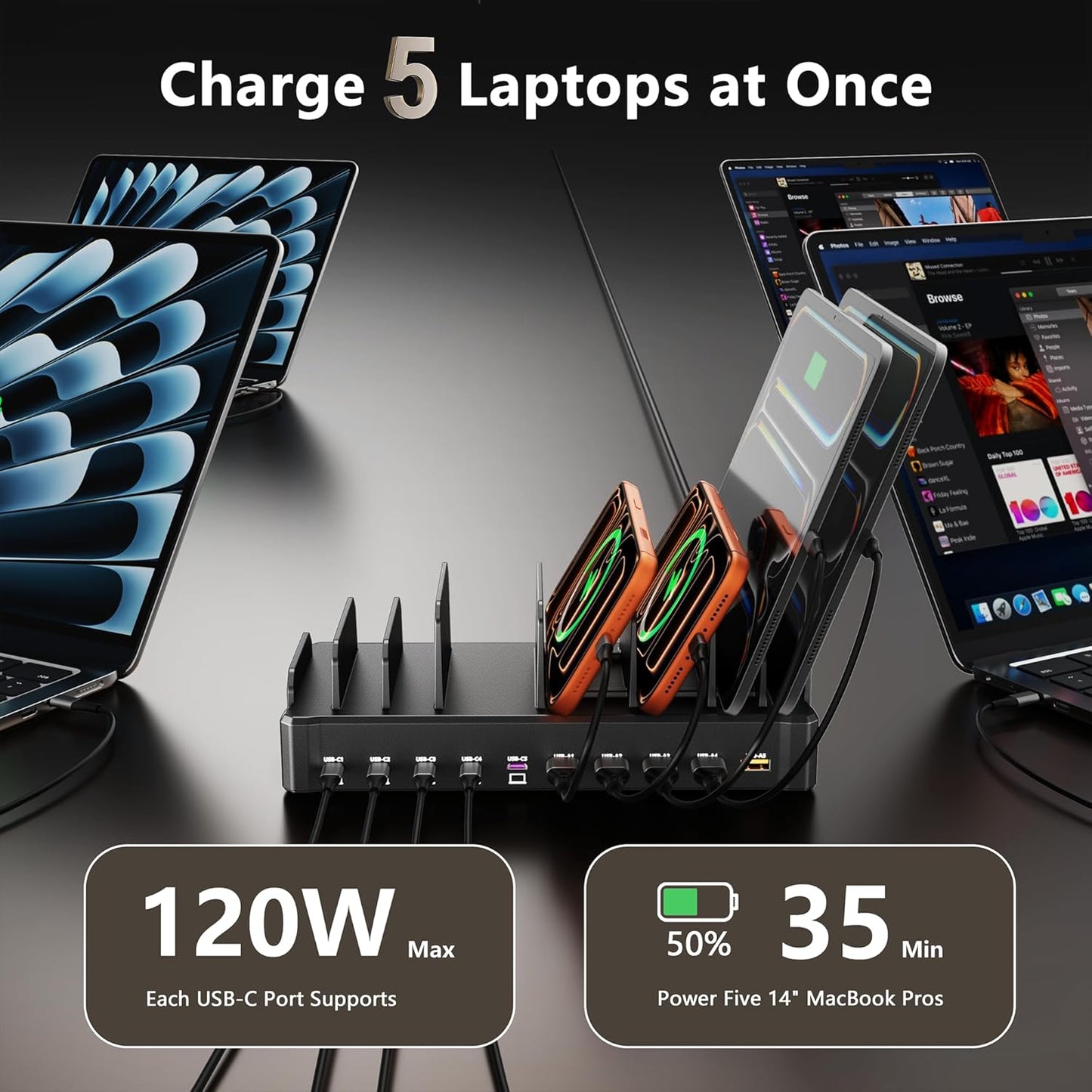 750W Charging Station for Multiple Devices, Zobirez 10-Port Fast Charger, 5 USB-C 120W Each and 5 USB-A 30W Each, Desktop Charging Hub for Laptop Phone Tablet, Black