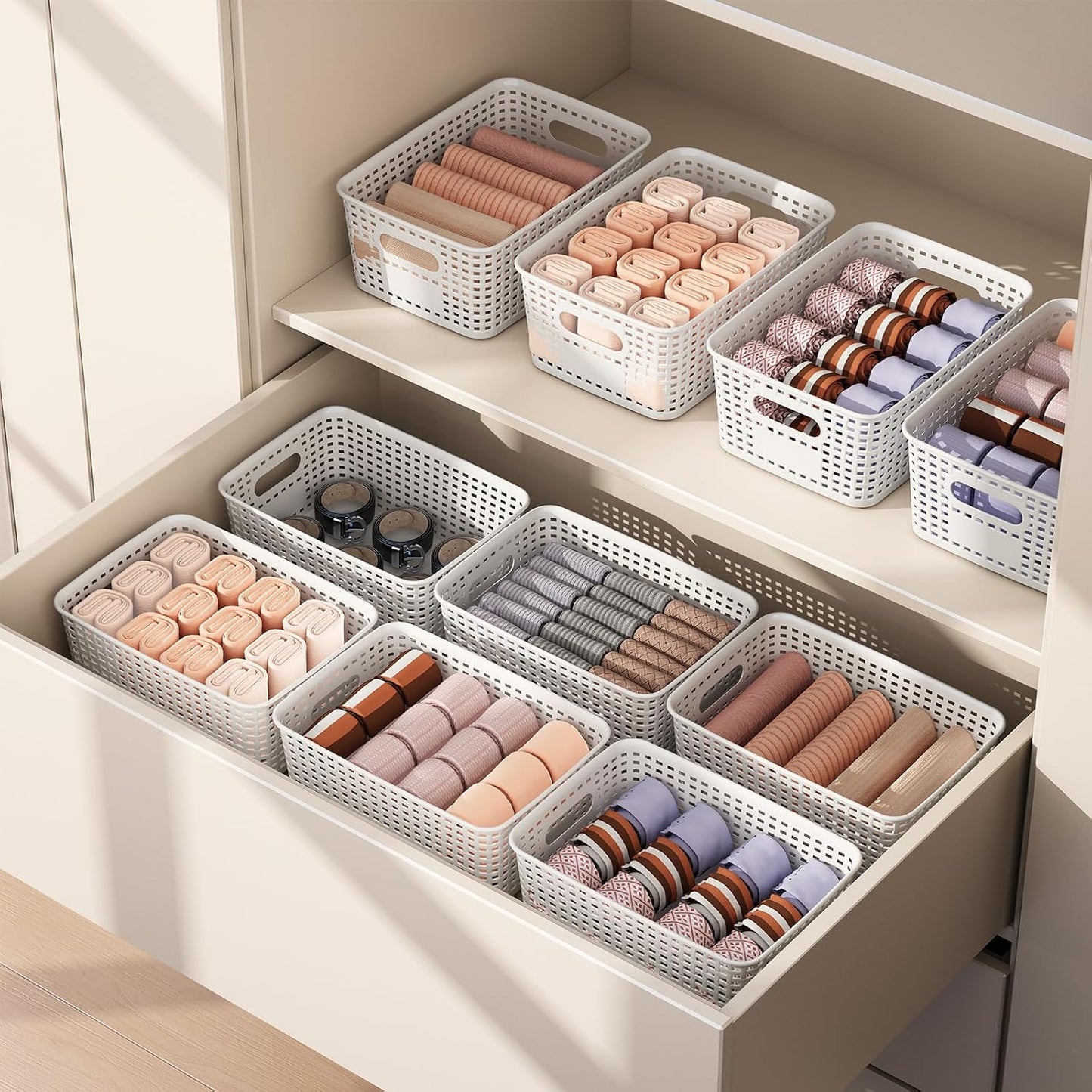 ORGIDOL Plastic Storage Basket with Lids 12 Pack Stackable Storage Bins Containers with Lid, Decorative Storage Boxes for Organizing Shelves, Drawers, Playroom, Classroom, Office, Closet, White
