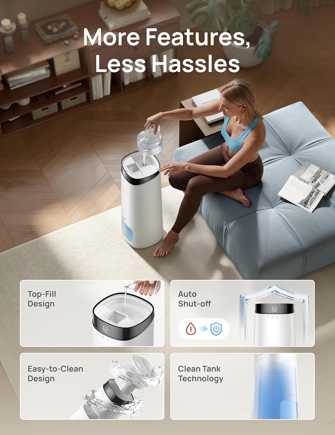 DREO 16L Smart Humidifier Large Room 1000 ft², 130H Cool Mist Air Humidifiers for Bedroom Plants Baby, Top Fill, Remote/Touch/Voice & APP Control, Clean Tank Technology, 30dB, RGB Light, HM755S White