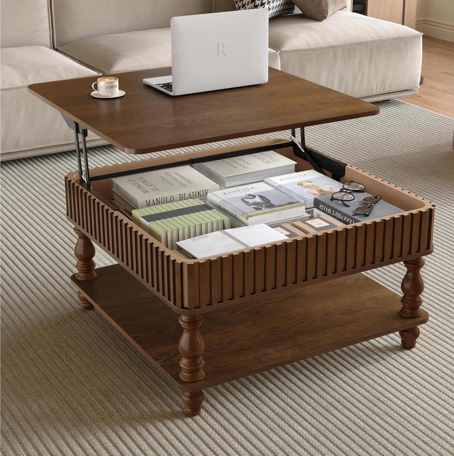 31.5 Inch Square Lift Top Coffee Table with Hidden Storage, 2 Tier Wooden Square Fluted Coffee Table with Open Shelf & Sculpted Legs, Retro Center Table for Living Room, Apartment, Home Office, Walnut