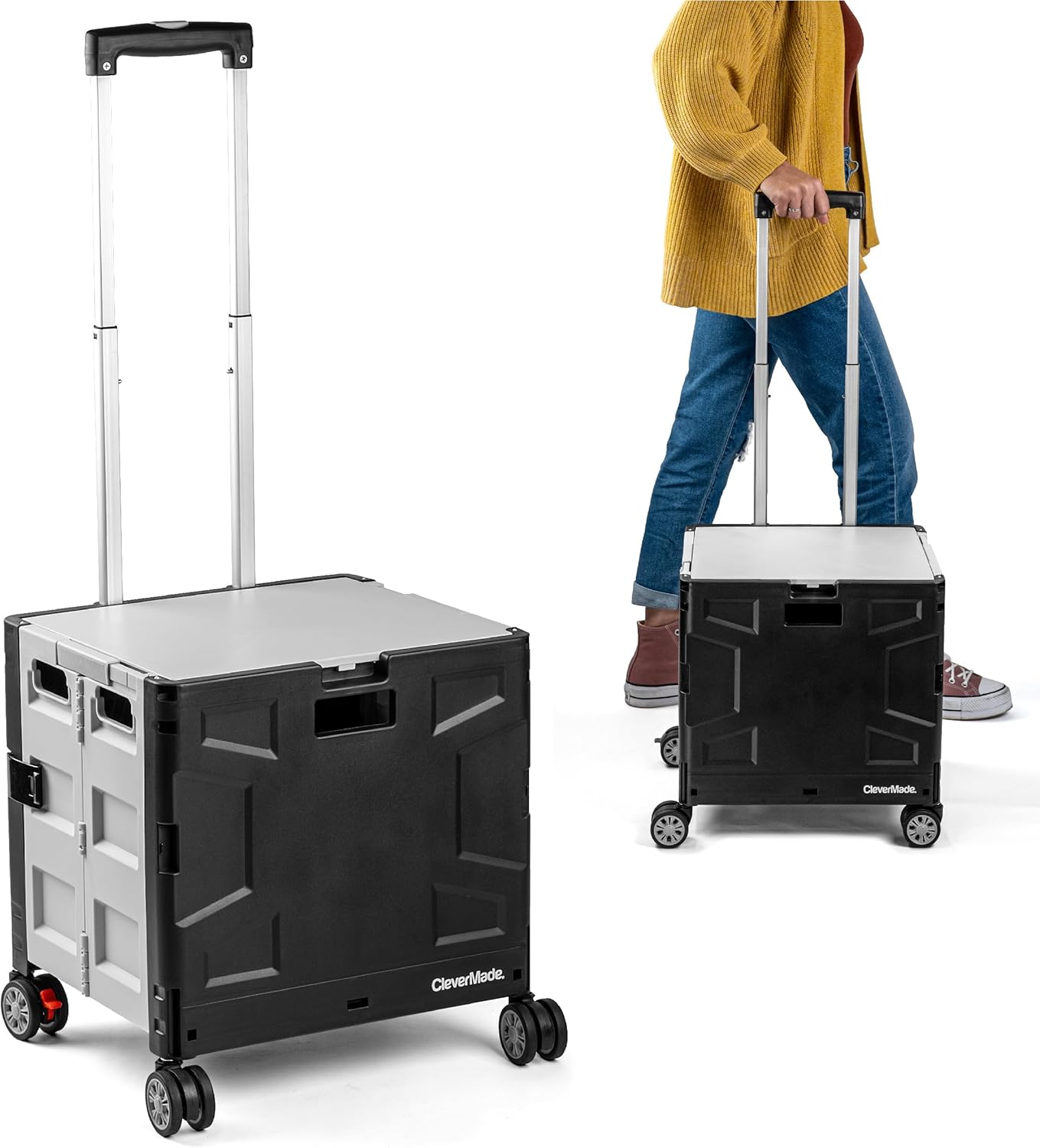 CleverMade Collapsible Crate on Wheels with Handle (35L, 4-Wheel) – Collapsible Rolling Cart with Lid, Foldable Utility Cart for Teachers, Groceries, Travel, Office Storage – Holds 75 lbs, Cool Gray
