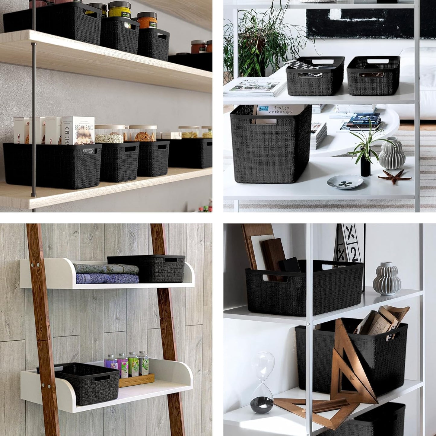 Curver Set of 4 Large 18L Easy Access Jute Decorative Plastic Organization and Storage Baskets - Perfect Bins for Home Office, Closet Shelves, Kitchen Pantry and All Bedroom Essentials, Black