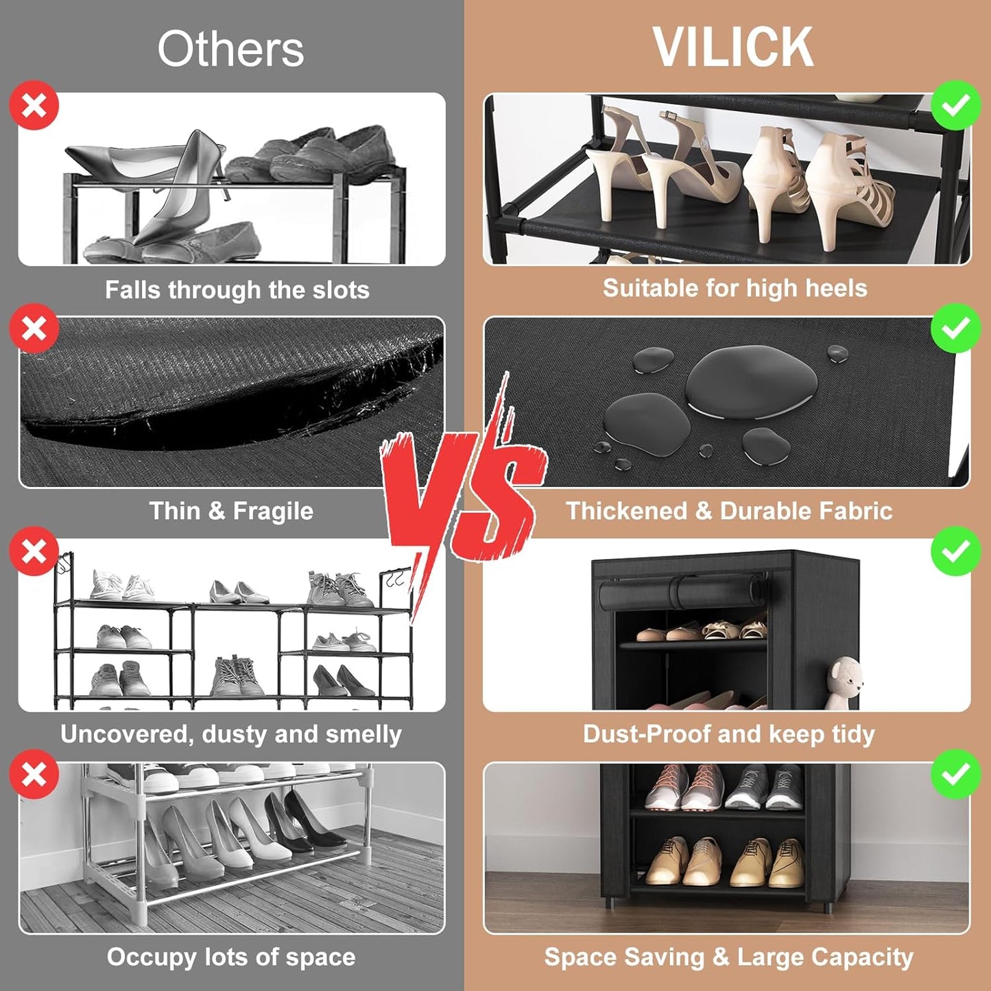 VILICK Shoe Rack with Cover Narrow Shoe Organizer with 4 Side Pockets 10 Tier Tall Shoe Storage Holds 18-22 Pairs Shoes and Boots Shoe Rack for Closet Entryway Garage