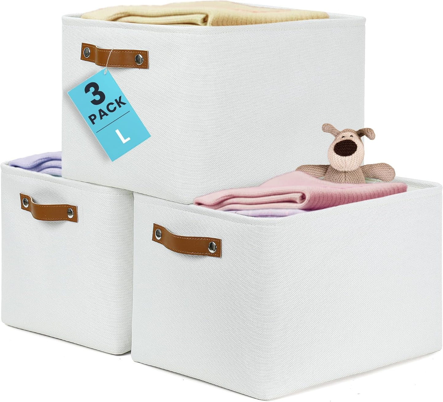 OrganiHaus 15x11in Canvas Storage Baskets 3 Pack | LARGE Fabric Bins for Shelves | Closet & Bedroom Storage | Full Off-White