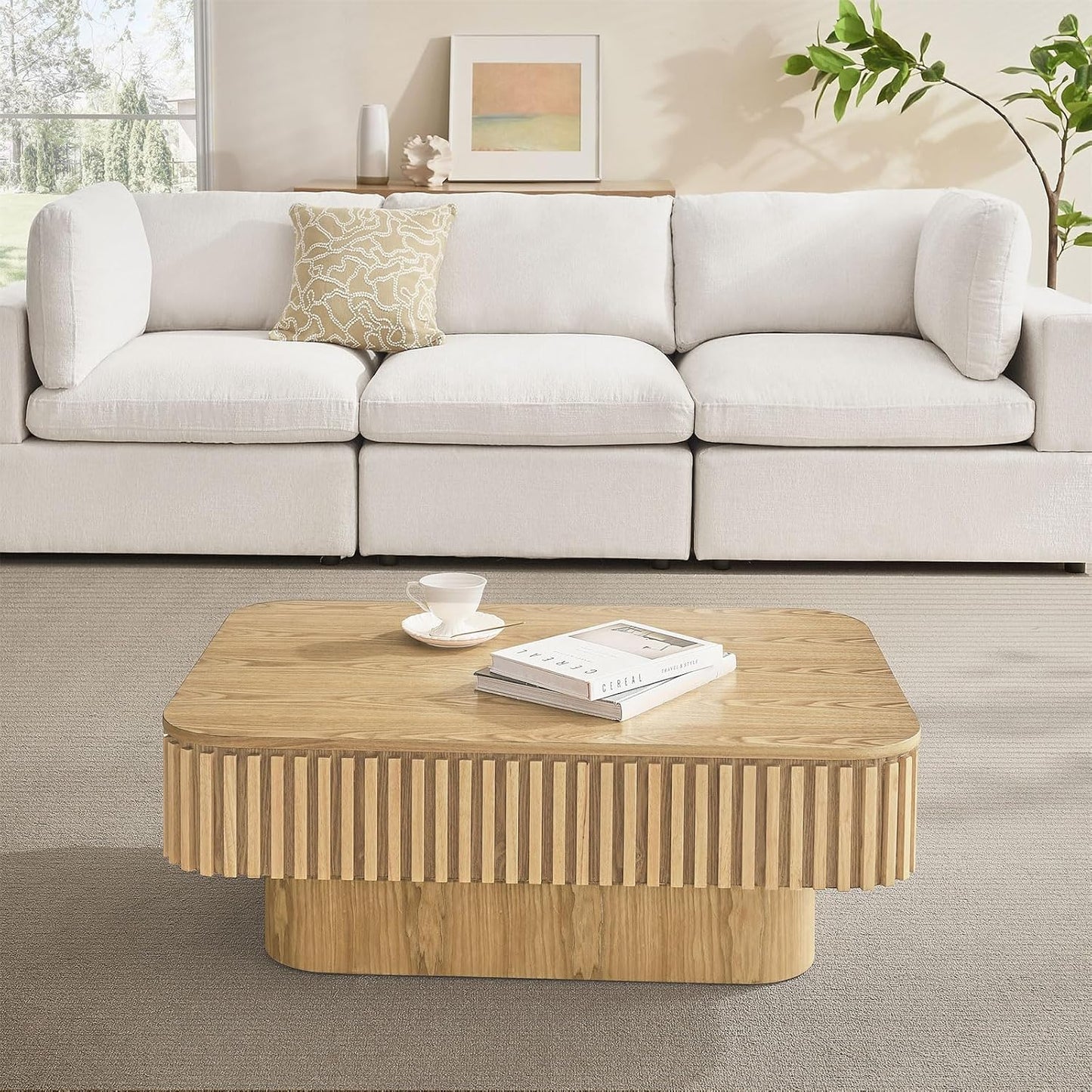 Lift Top Coffee Table for Living Room,Rectangle Handmade Solid Wood Strips, Fluted Coffee Table with Hidden Storage Compartment Small Space Office Apartment (38.6" L×26.8''W×13.8''H-Natural)