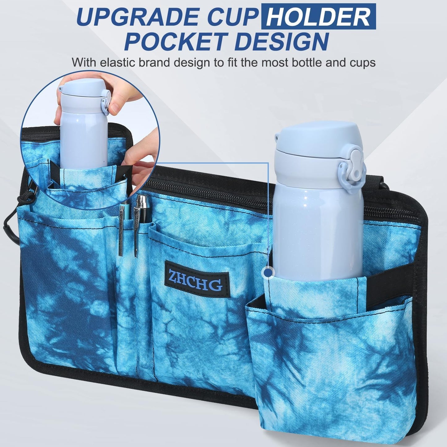 ZHCHG Wheelchair Side Bag with Cup Holder, Wheelchair Armrest Pouch Accessories for Walker, Rollator, Electric Scooter Wheelchairs, Ideal Gift for Mother's Day & Father's Day, Blue