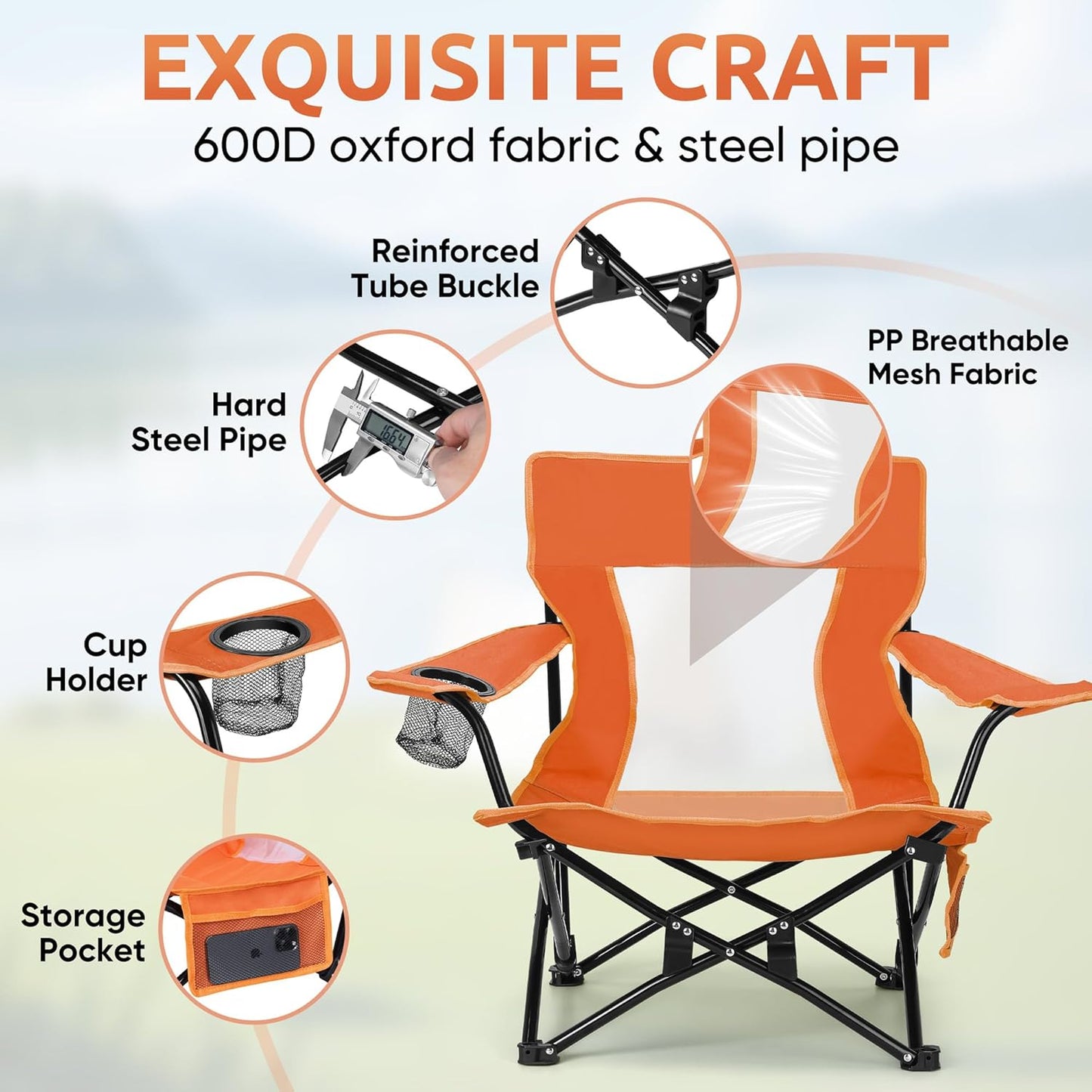 HaSteeL Folding Beach Chair Set of 2, Foldable Orange Camping Chairs for Outside, Low Beach Chair Portable for Adults Fishing, Picnic, Outdoor BBQ, Travel, Sports, Cup Holder & Storage Bag