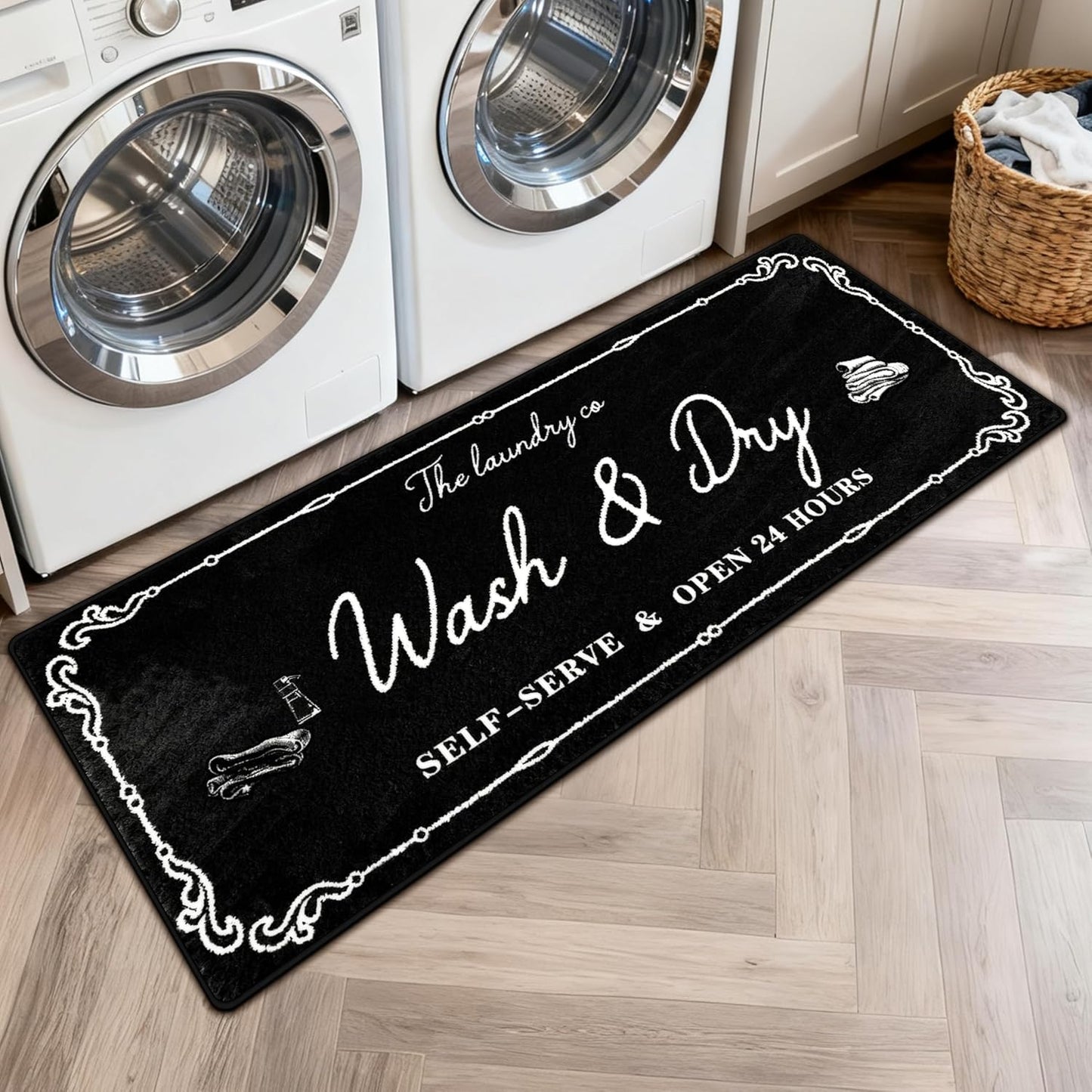 Washable Laundry Room Rug, 20"X47" Non Slip Laundry Mat Runner Soft Low-Pile Laundry Room Organization Farmhouse Decor Area Rug for Entryway Hallway Kitchen Bathroom Black