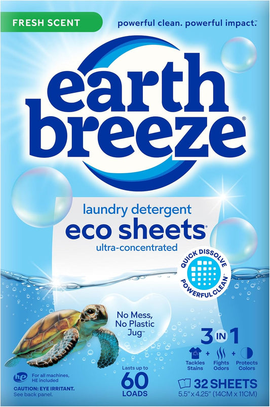 Earth Breeze Laundry Detergent Sheets Fresh Scent - 60 Loads Eco Liquidless Soap - Travel-Friendly for Hot & Cold Cycles, Tackles Tough Stains & Odors - Gentle on Skin, 30 Ct
