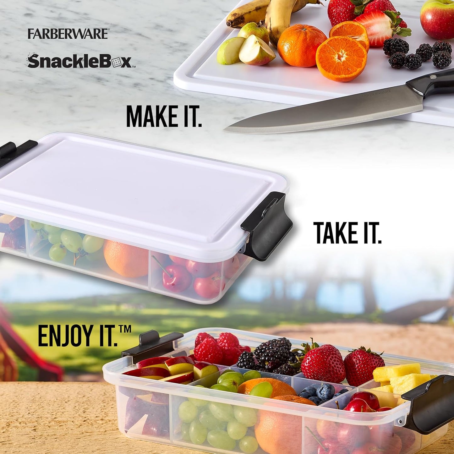 Farberware Small Build-a-Board Snacklebox with Locking Plastic Cutting Board Lid, Portable Charcuterie Storage with 7 Compartments