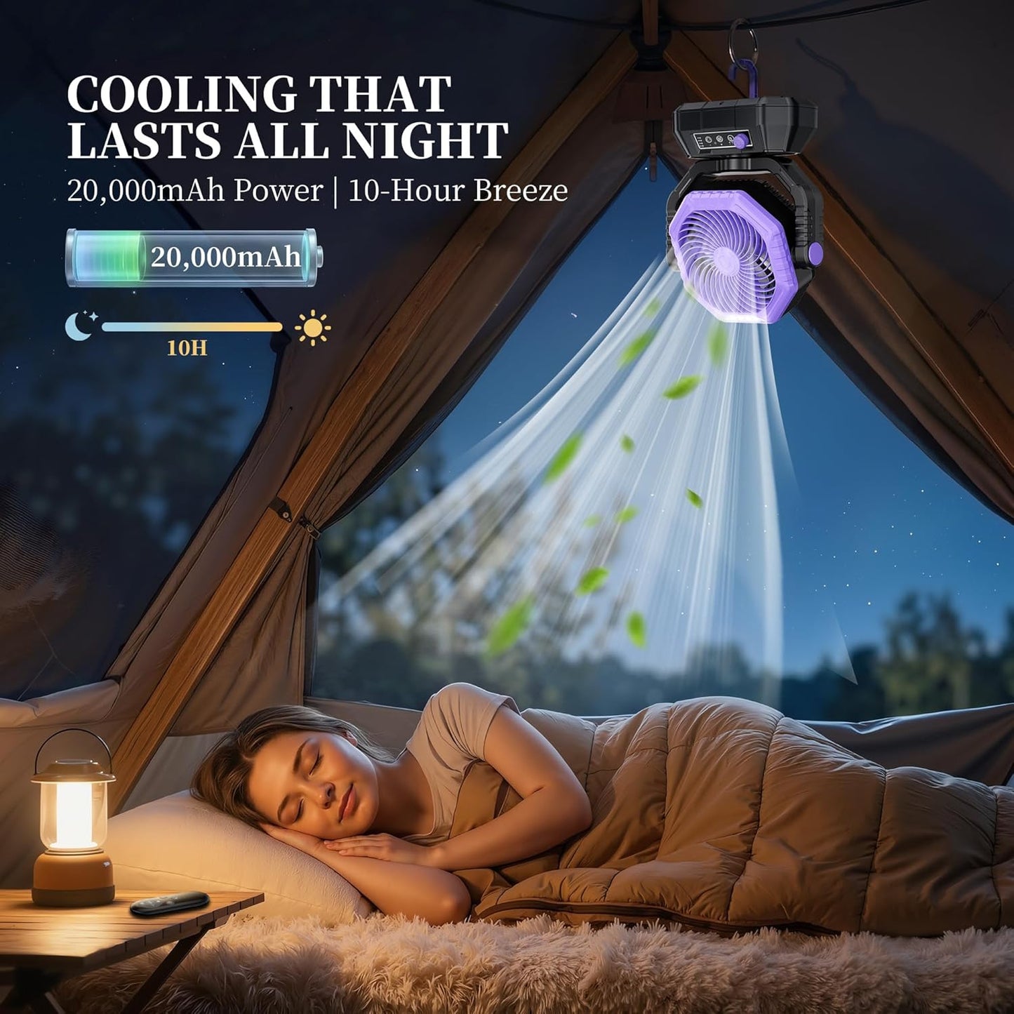 AJVV Camping Fan, Oscillating Battery Powered Portable Rechargeable Hanging Tent Fan with Light and Remote for Camp, Outdoor, Emergency Power Outage, Fishing, RV Travel, Violet