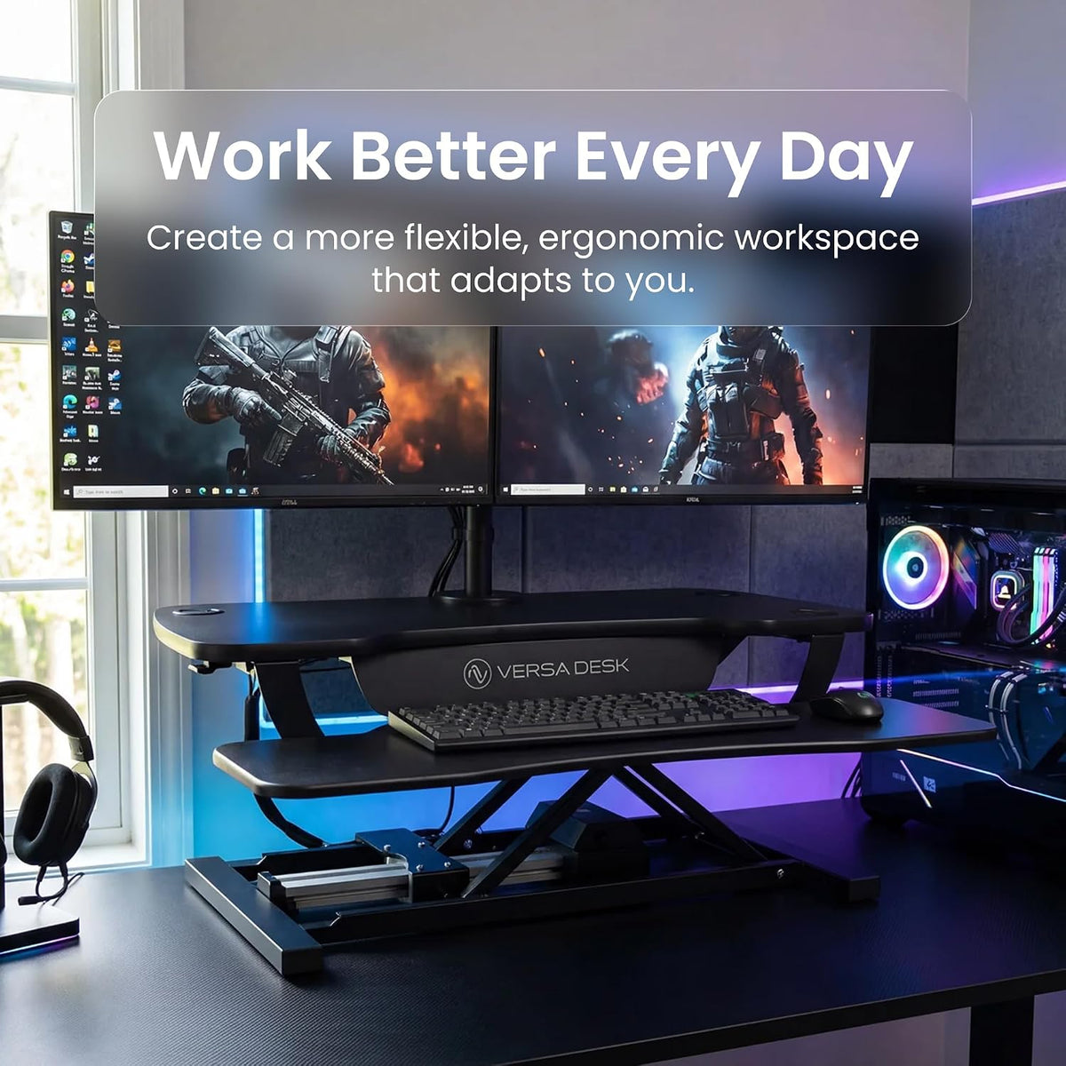 VERSADESK PowerPro 36 Inch Electric Standing Desk Converter – Push-Button Height Adjustable Sit to Stand Desk Riser for Dual Monitors & Laptop – Motorized Desktop Workstation with Wide Keyboard Tray