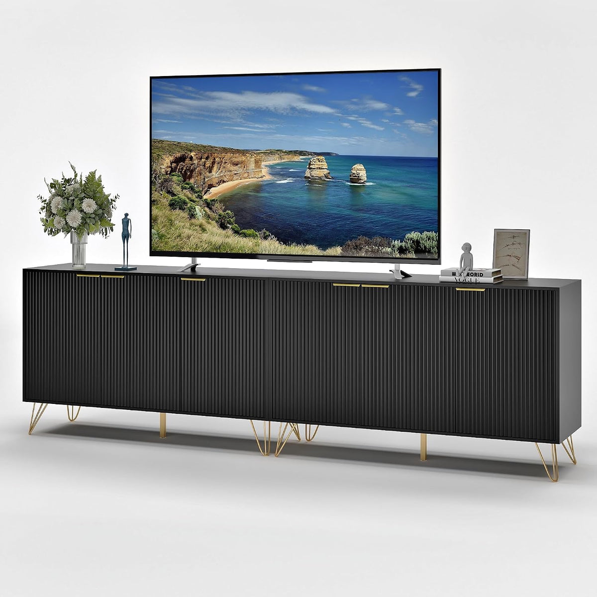 90 inch TV Stand with 6 Fluted Doors and Adjustable Shelves, Black丨Modern Entertainment Center Cabinet, Wood Media Console Storage Cabinets for Living Room Bedroom