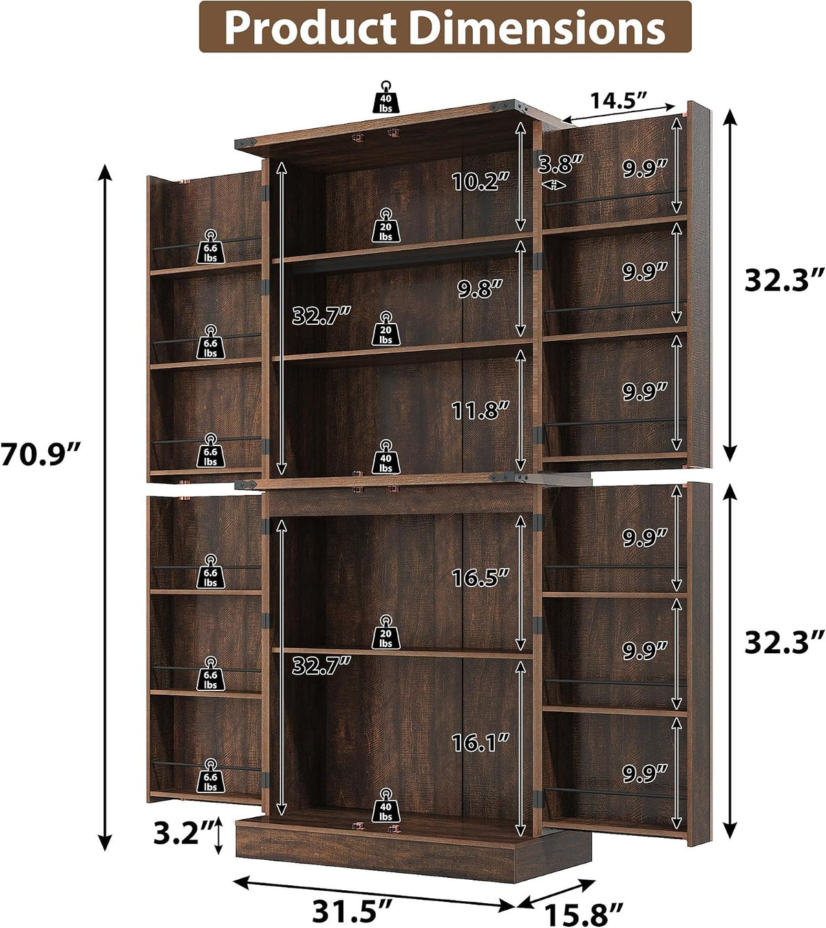 71" Tall Kitchen Pantry Cabinet, Farmhouse Tall Kitchen Storage Cabinet with Adjustable Shelves & 4 Barn Style Doors, Wooden Storage Cabinet for Kitchen, Dining Room, Living Room, Bathroom, Office
