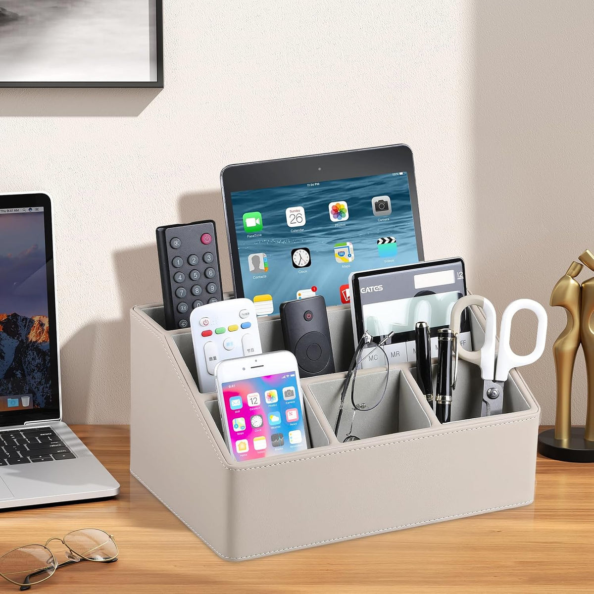 PU Leather Desk Organizer, Remote Control Holder, Dark Beige
