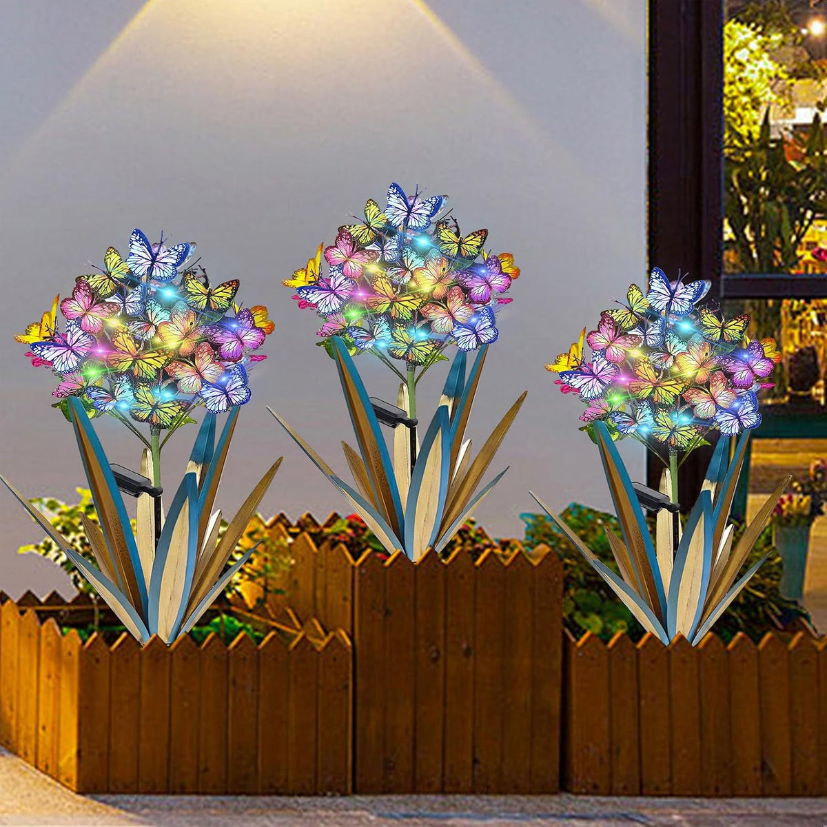 Homight Solar Metal Agave Butterfly Flower Stick Garden Sculpture - Outdoor Christmas Lights With Swaying Butterfly Sunflower - Solar Outdoor Gift (3 PCS Blue)