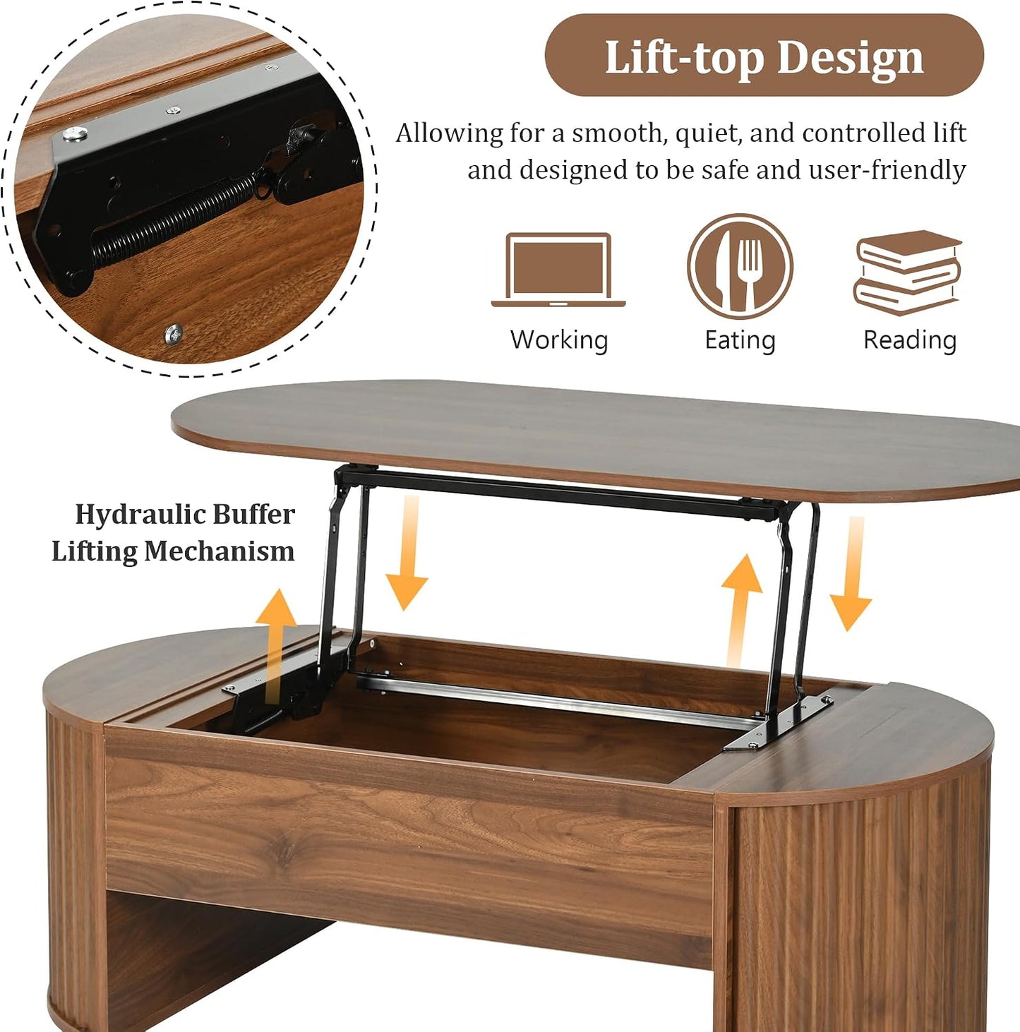 47.2" Lift Top Coffee Table with Hidden Compartment, Modern Oval Fluted Wooden Center Table Cocktail Tea Table with Curved Safety Corners and Adjustable Height for Living Room, Brown