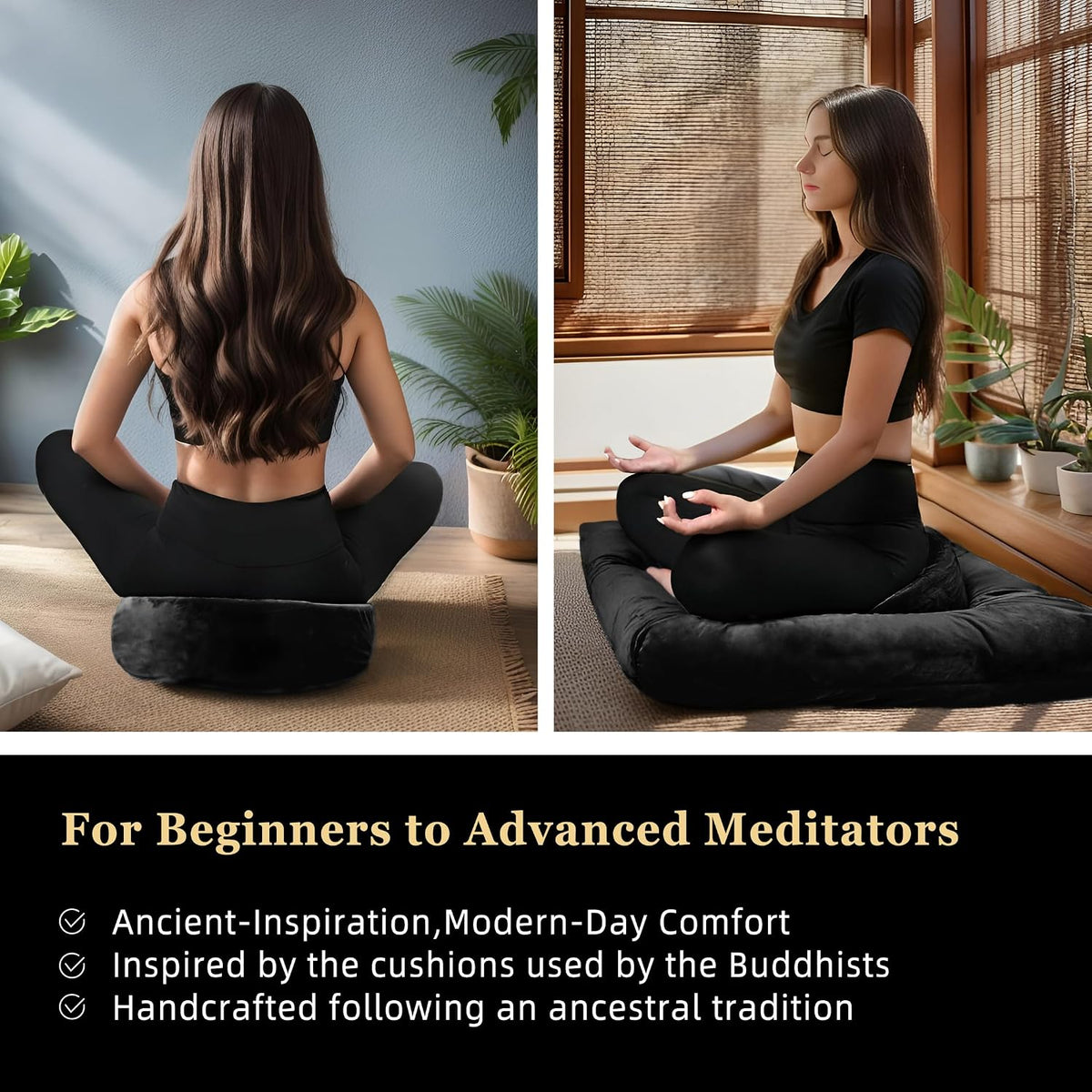 Meditation Cushion Set Zafu & Zabuton – Buckwheat Hull & Memory Foam, Adjustable Floor Pillow for Yoga, Meditation & Sitting, Removable Velvet Cover (Classic Black)