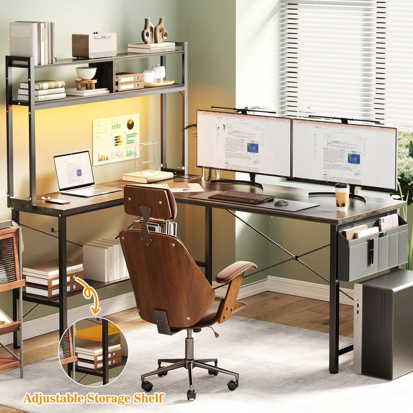 Aheaplus L Shaped Desk Gaming Desk, 59" L Shaped Computer Desk with LED Light & Power Outlet, Reversible Home Office Desk Gamer Desks with Shelves & Storage Bag & Hooks, Corner PC Desk, Black Oak
