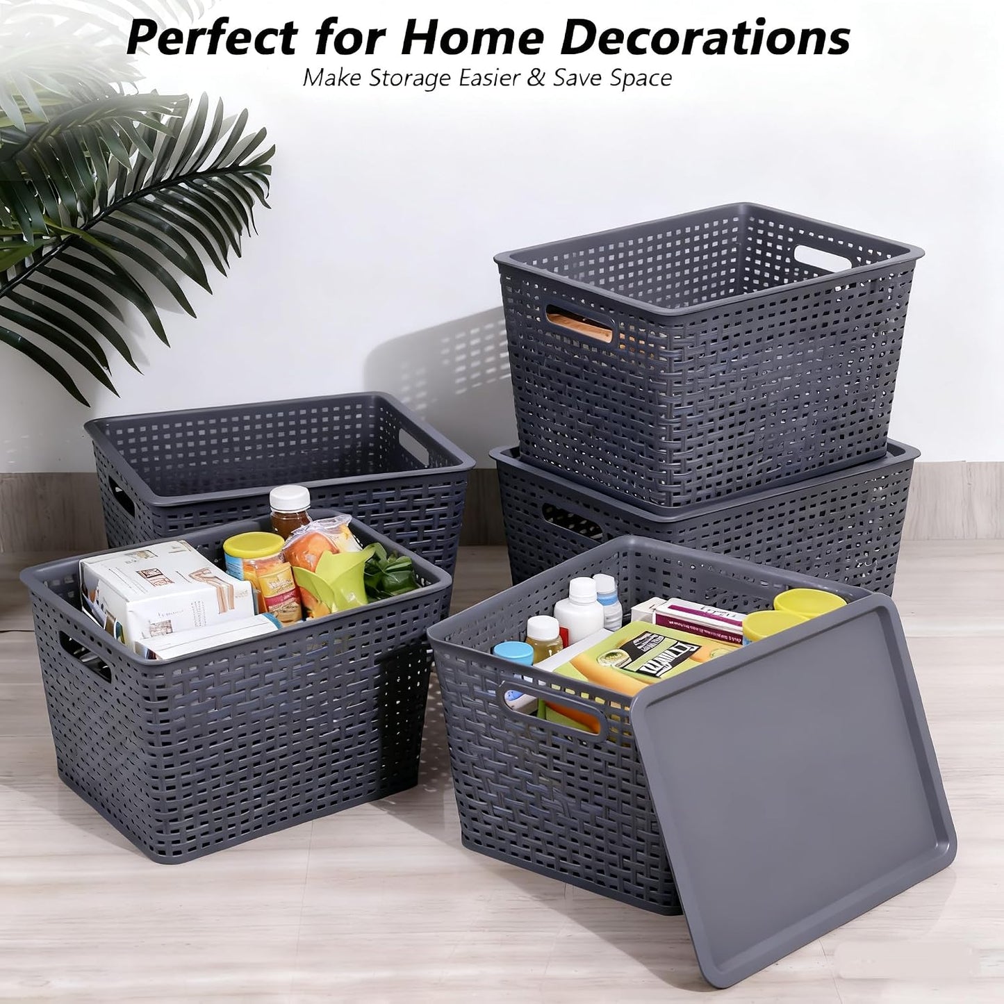 Xyskin Storage Bins with Lids, Stackable Plastic Basket Containers, 6-Pack