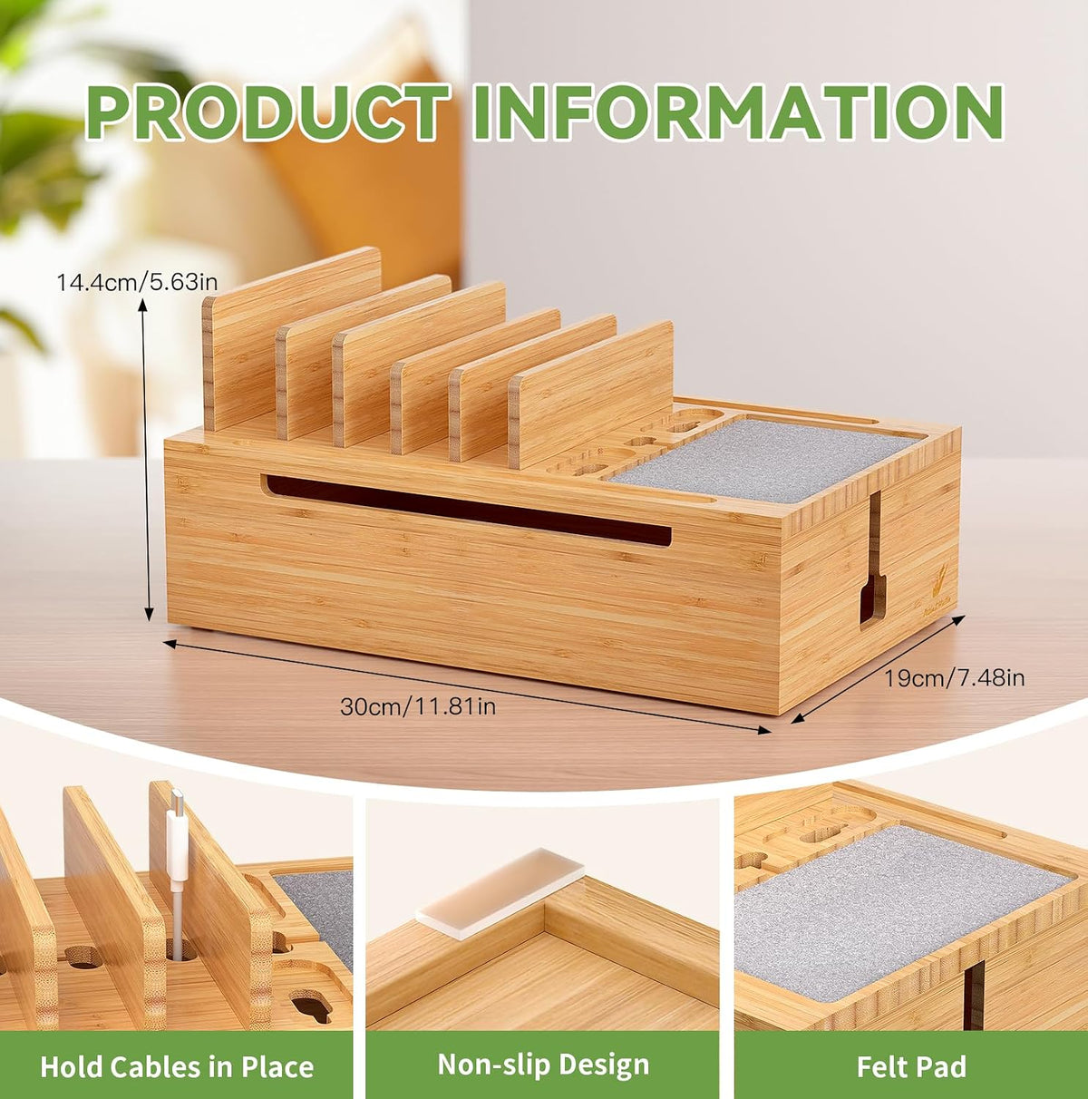Pezin & Hulin Bamboo Charging Station-Natural, (No USB Charger and Cables)