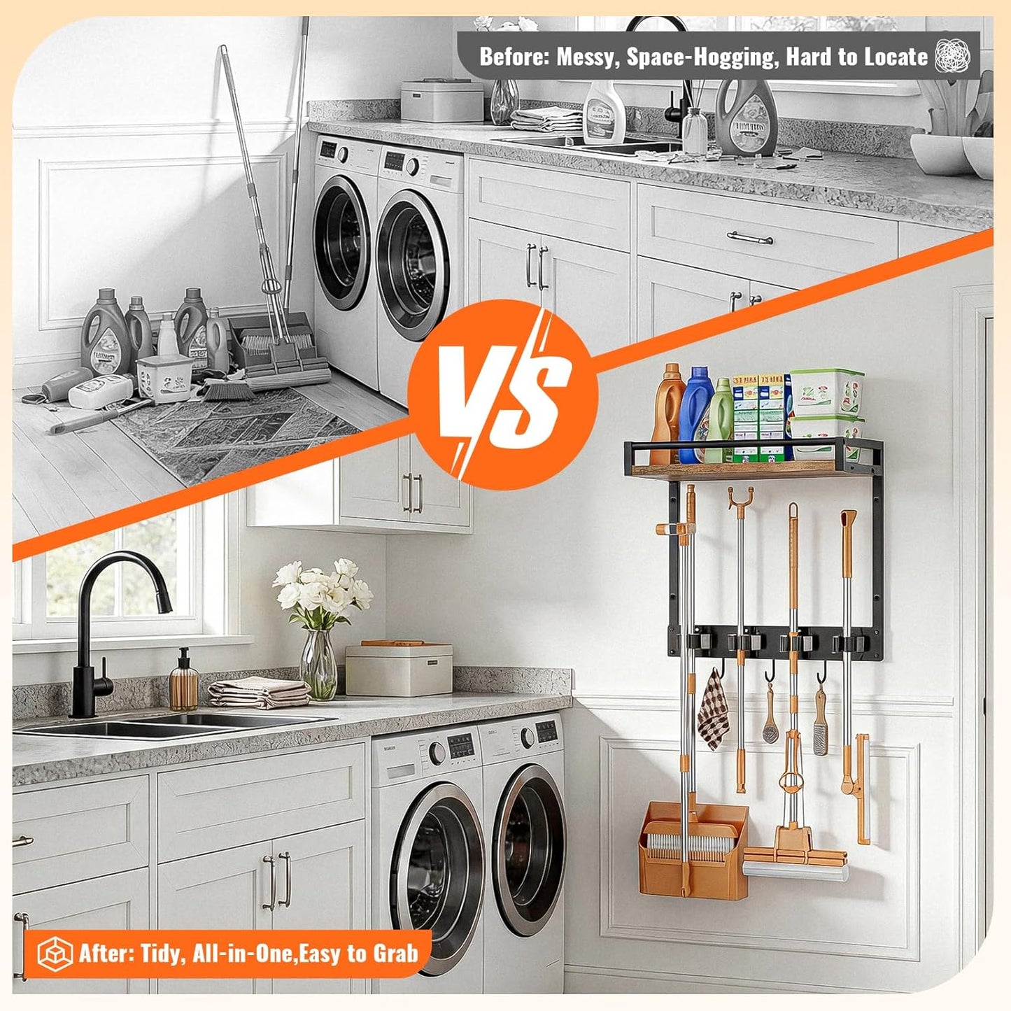 Broom Holder Wall Mount with Shelf Load 66LBS Broom and Mop Organizer Wall Hanging Broom Hanger with 4 Mop Hanger Grippers, 3 Hooks for Laundry Room, Garage, Utility Closet, Kitchen, 1 Pack