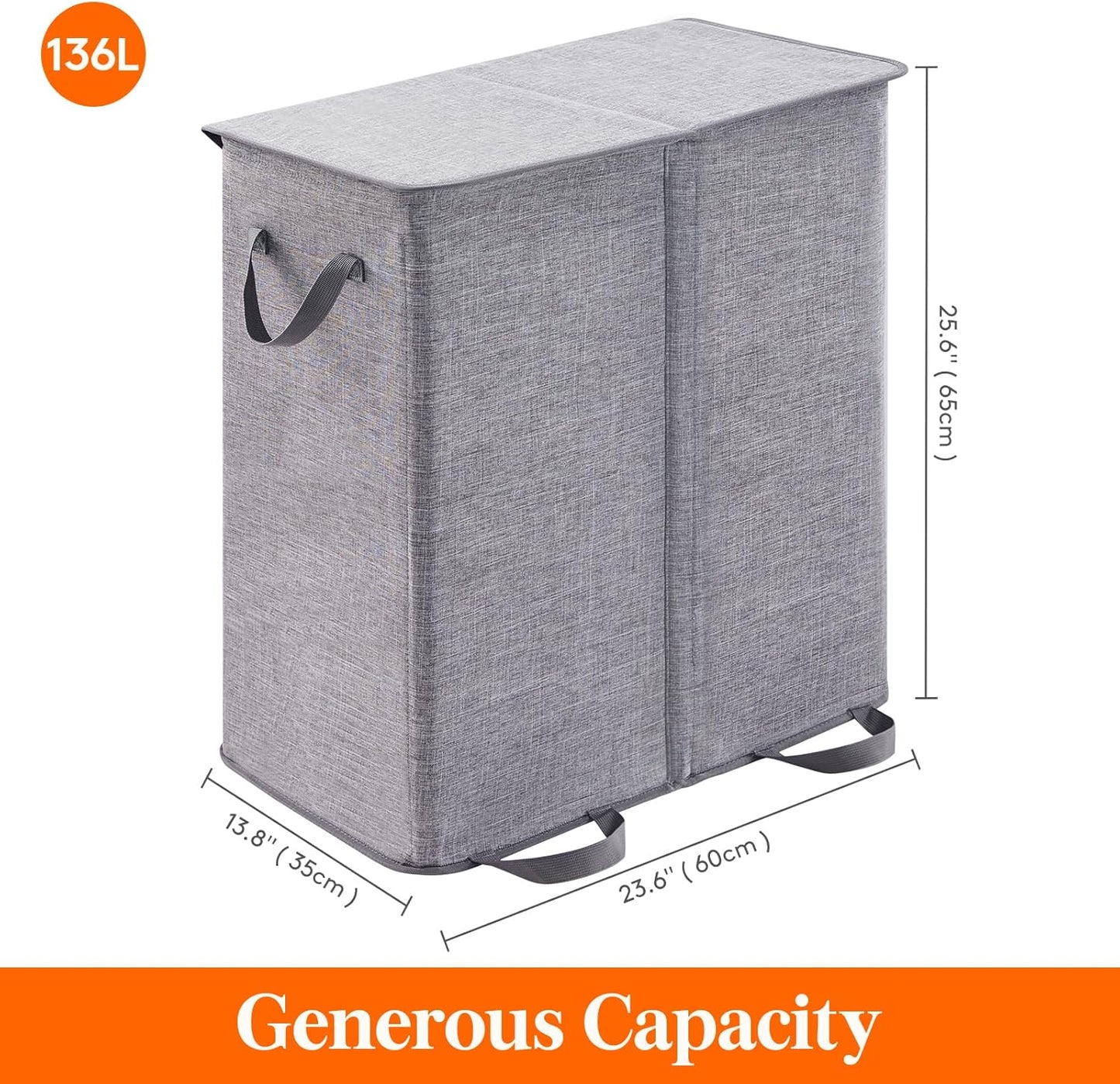 Lifewit Double Laundry Hamper with Lid and Removable Laundry Bags, Large Collapsible 2 Dividers Dirty Clothes Basket with Handles for Bedroom, Laundry Room, Closet, Bathroom, College, 136L Gray
